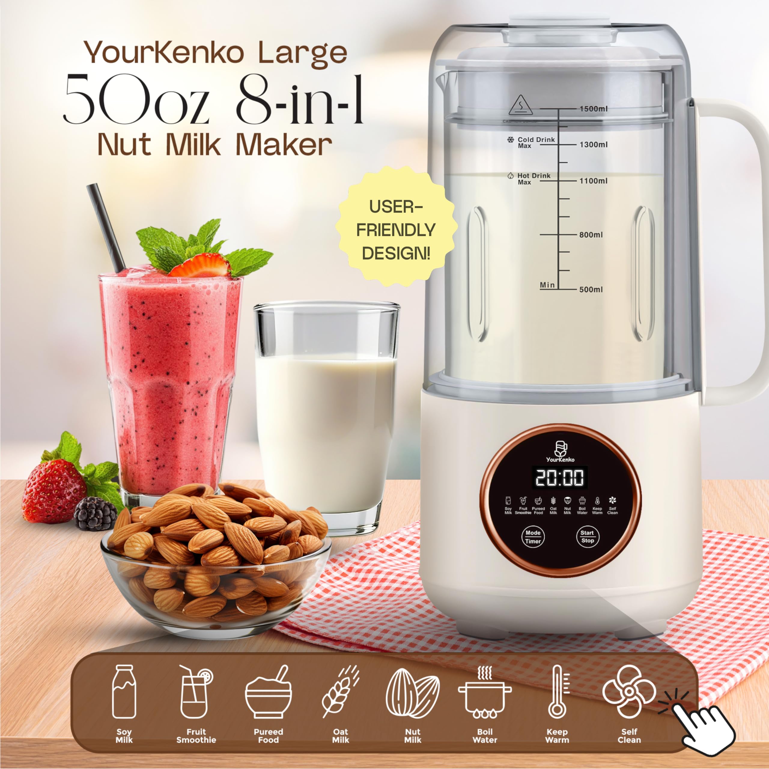 New 8-in-1 Nut Milk Maker 50 oz– Almond, Soy, Oat, Coconut Milk, Dairy-Free Milk, Plant-Based Milk, Smoothie with 12 blades- Features Delay Start, Self-Cleaning & Milk Frother- Recipe Book & More