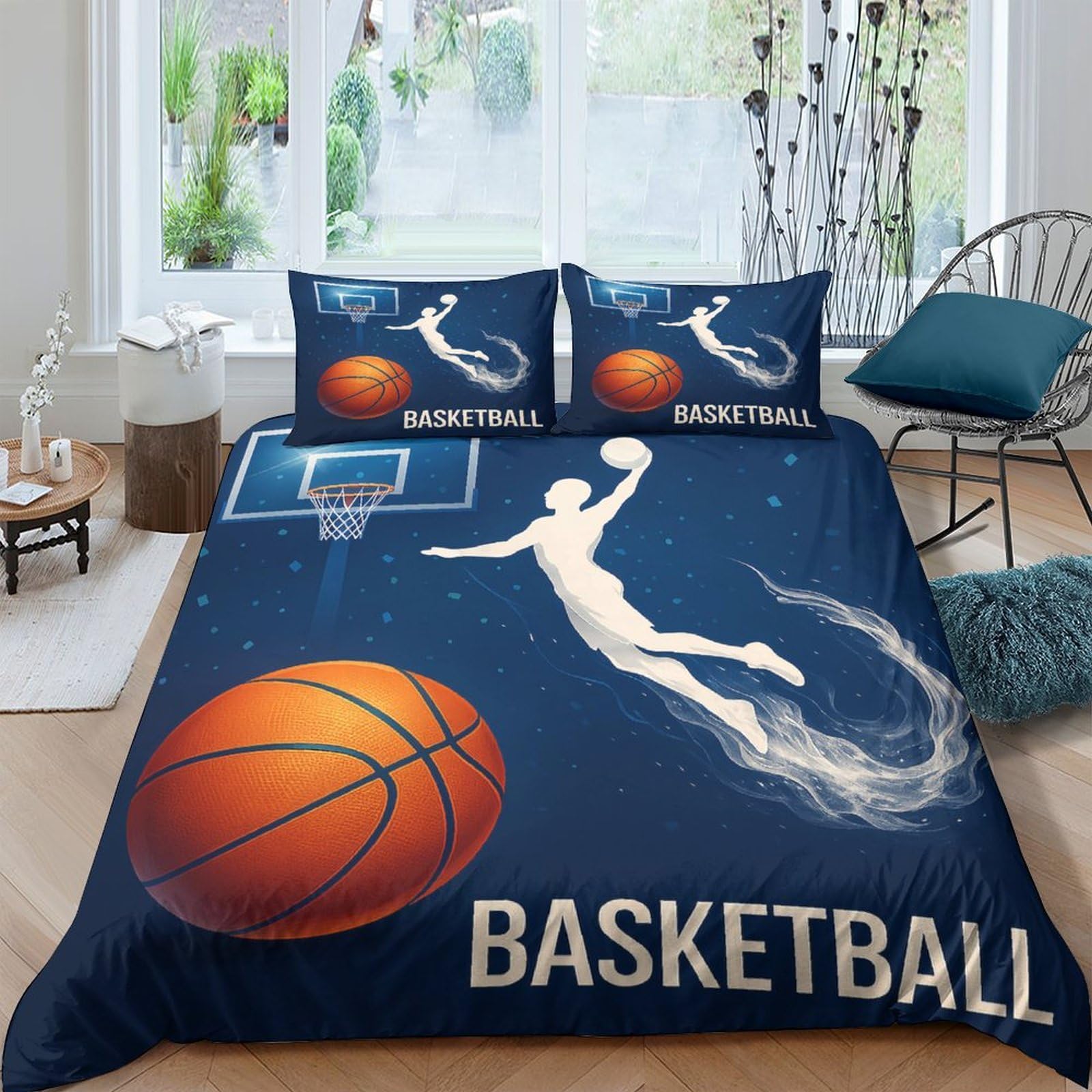 GPLZQXKJNH 3D Printed Basketball Slam Dunk Duvet Cover Set Microfiber Navy Blue Bedding with 2 Pillowcases for Bedroom Decor Single（135x200cm）