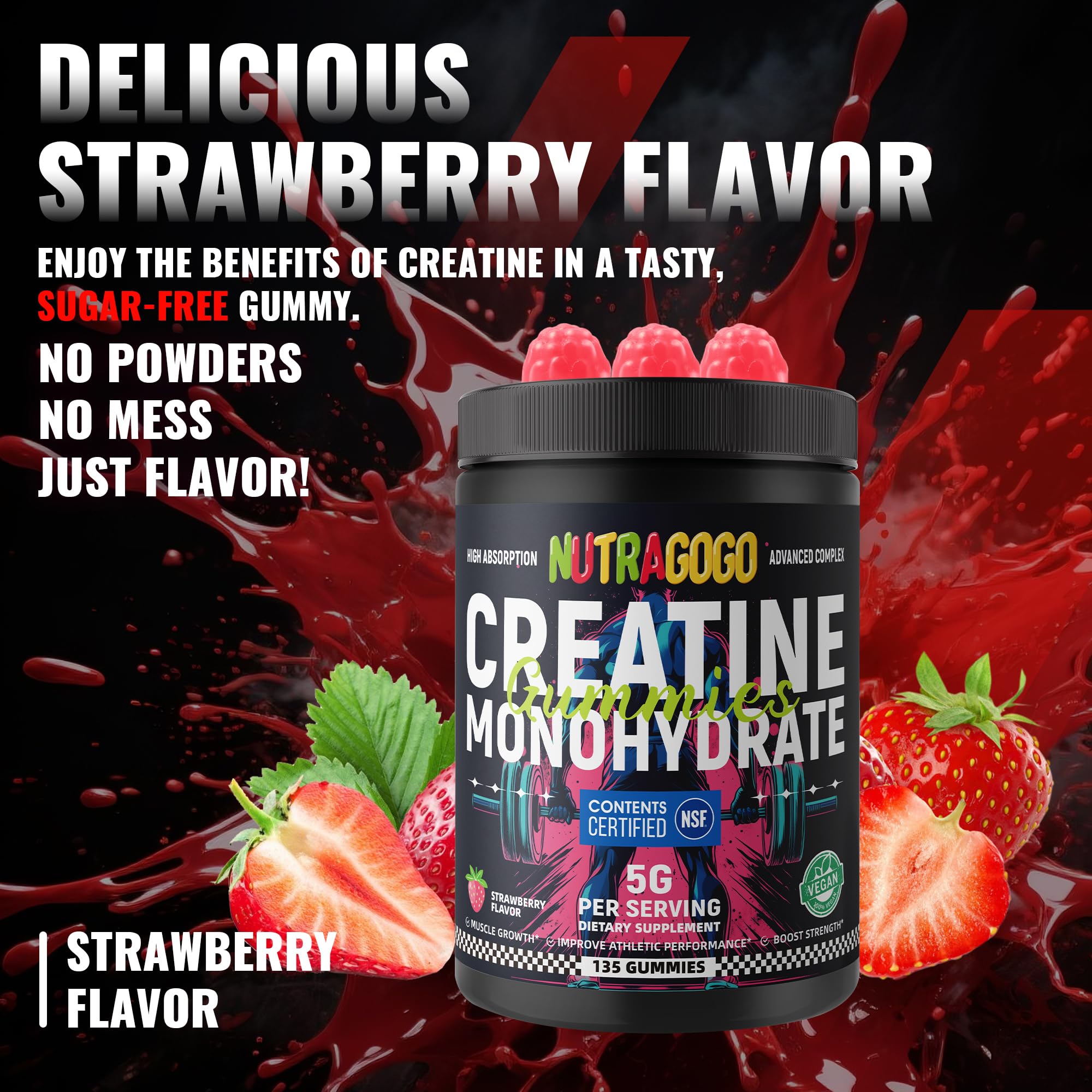 NSF Certified Creatine Gummy - Creatine Monohydrate Gummies for Men & Women-5g of Creatine Monohydrate per Serving - Sugar Free,Vegan, Strawberry Electrolyte Chews, 135 Count — Amazon image 6