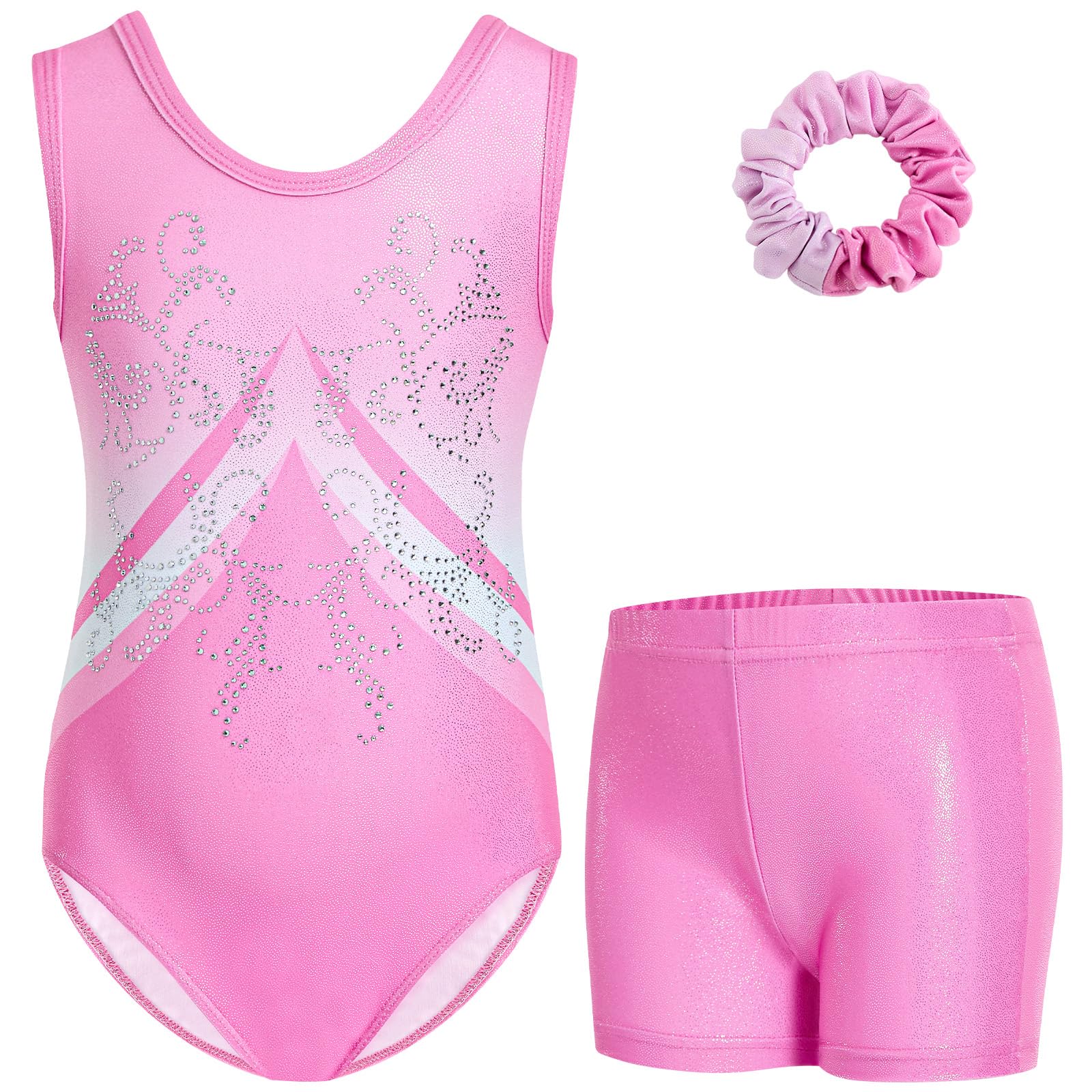Gogokids Conjunto de gimnasia de tres piezas para niña, cuello en Y, sin mangas, con pantalones cortos y diadema, traje de gimnasia con diseño de bloques de color azul y morado, 3-12 años — view 12