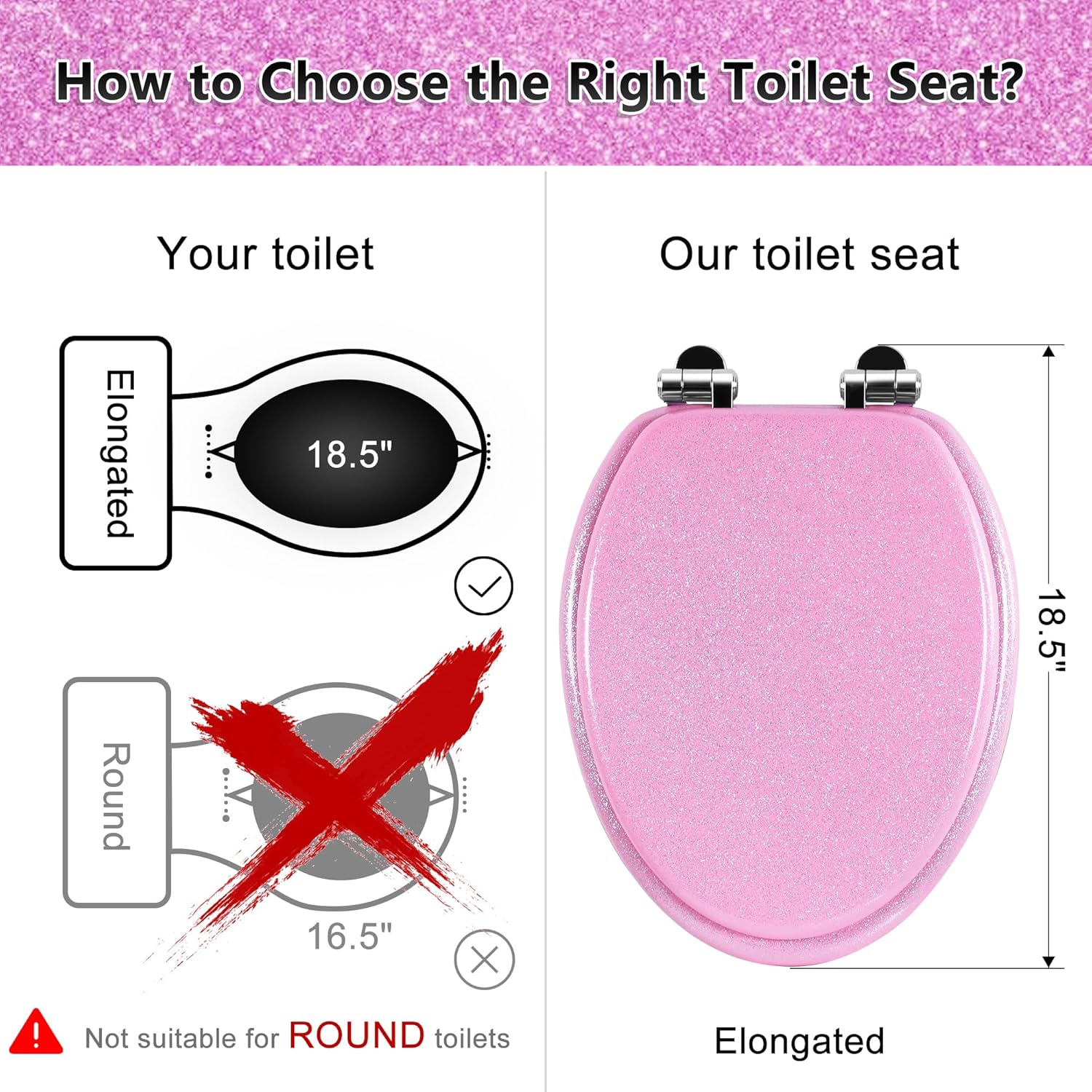 angol shiold glitter toilet seat molded wood elongated toilet seat with quietly close and quick release hinges, easy to clean also easy to install (elongated 18.5'', pink) elongated 18.5‘’ pink