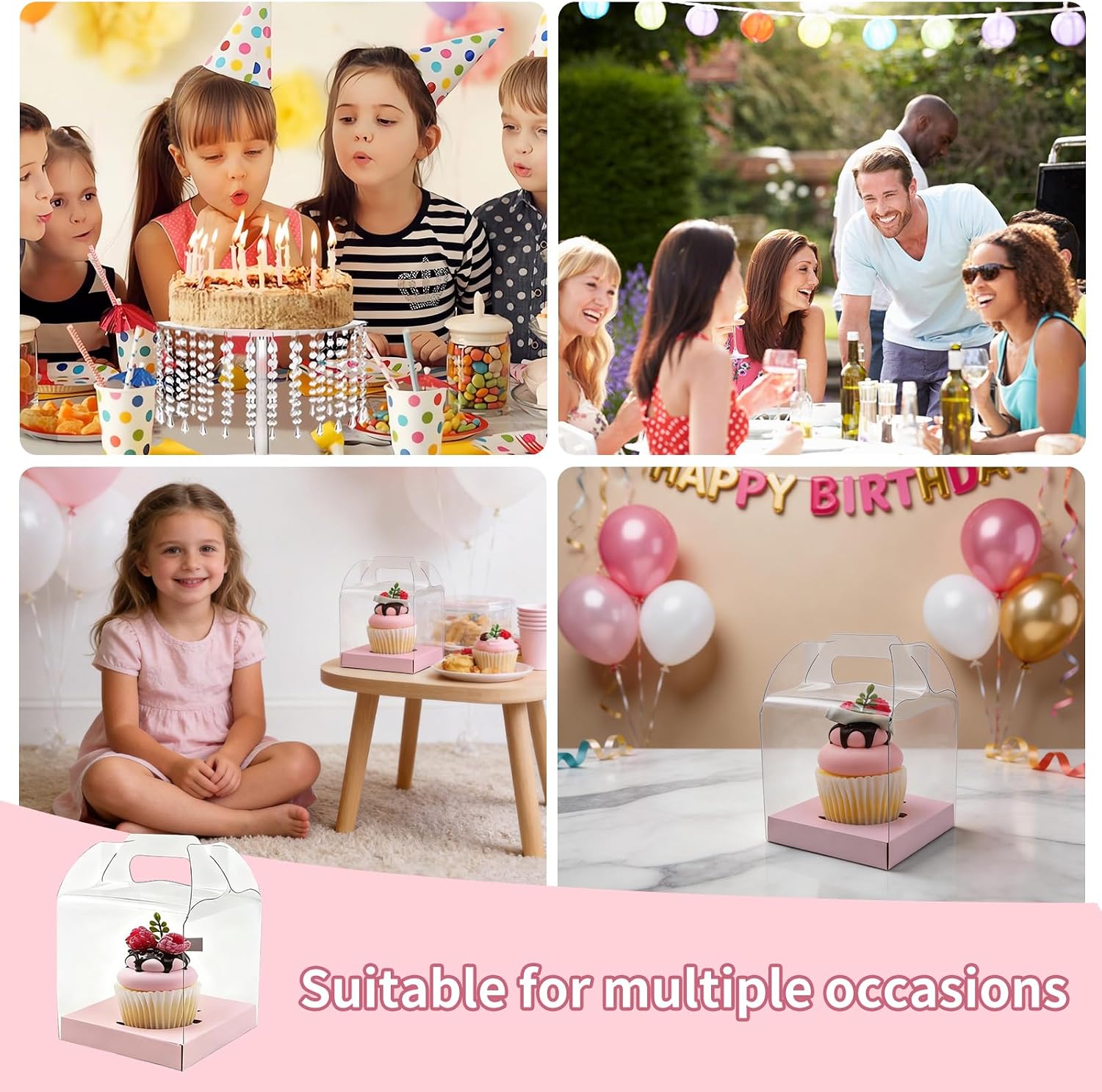 4 inch Individual Cupcake Boxes, Jumbo Cupcake Carrier, Clear Single Cupcake Container (48, Pink)