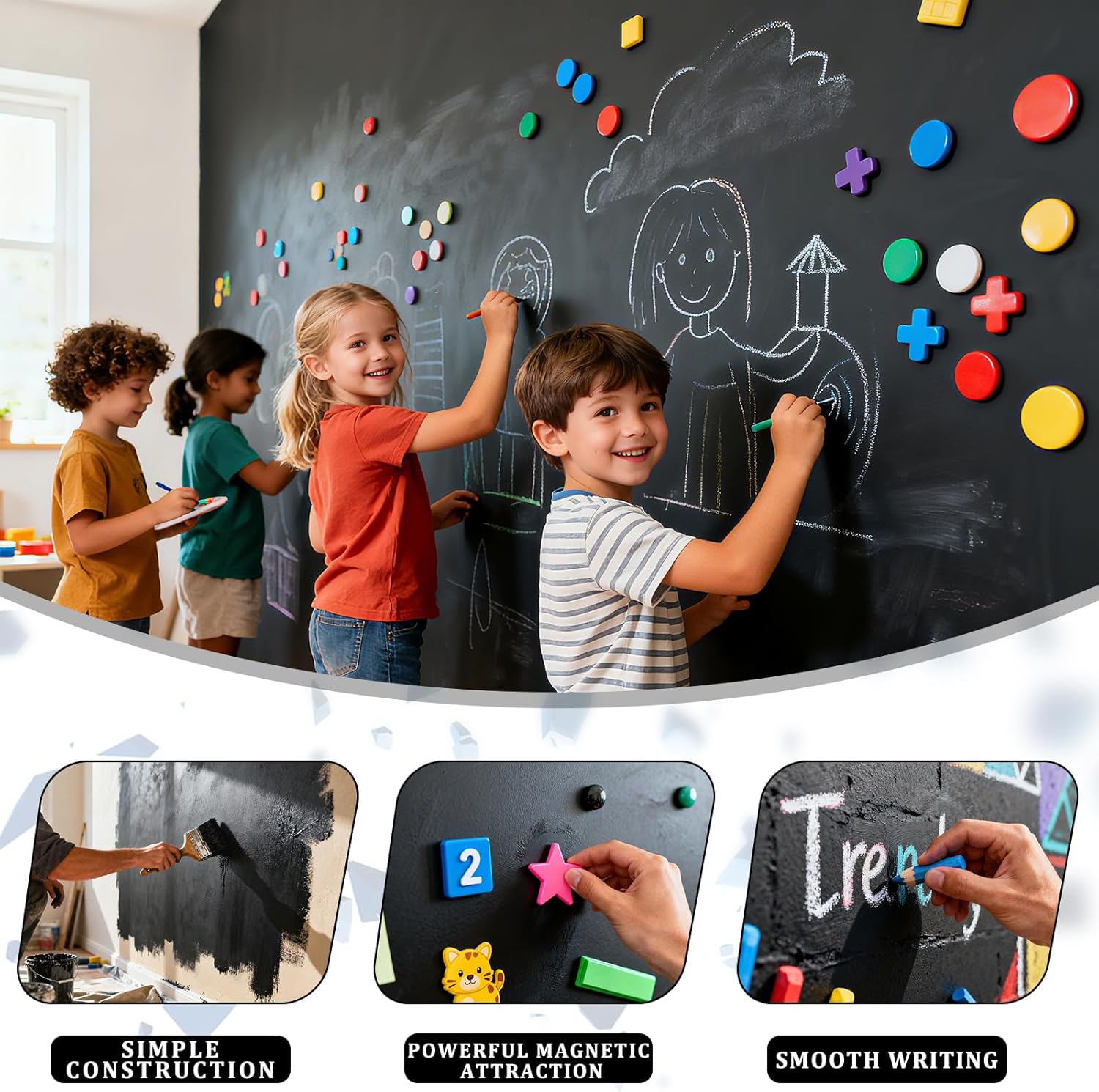 Magnetic Chalkboard Paint (16 Oz) - Blackboard Paint For Walls, Glass, Metal, Wood - Turns Any Surface Into Writable Magnetic Chalk Board | Non-Toxic | Matte Finish | Cover 35 Sf (Black, 16 Fl.Oz)