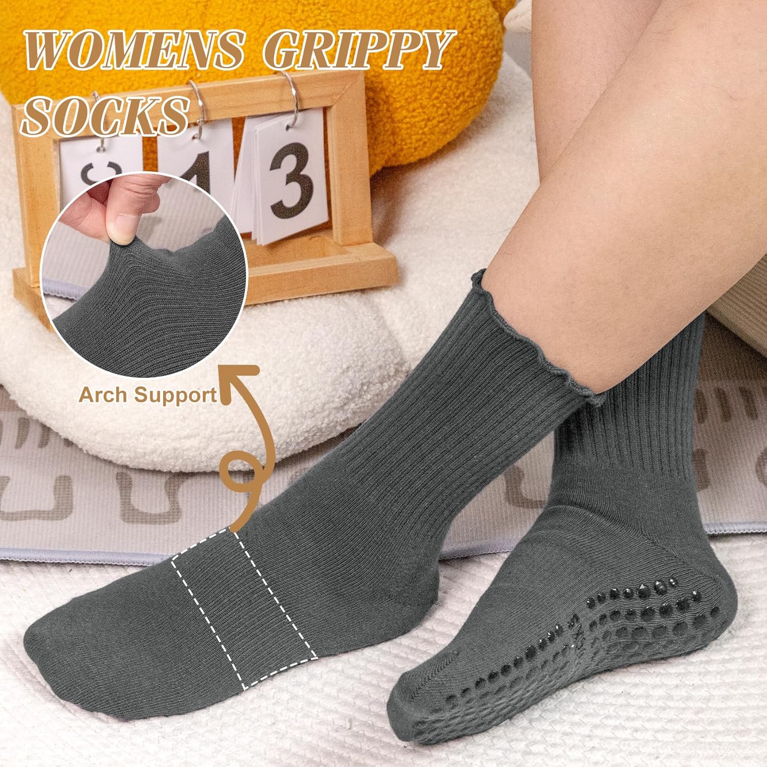 Justay 6 Pairs Womens Pilates Socks with Grips Crew Non Slip Ruffle Cotton for Athletic Workout Barre Hospital Yoga Socks - Image 4