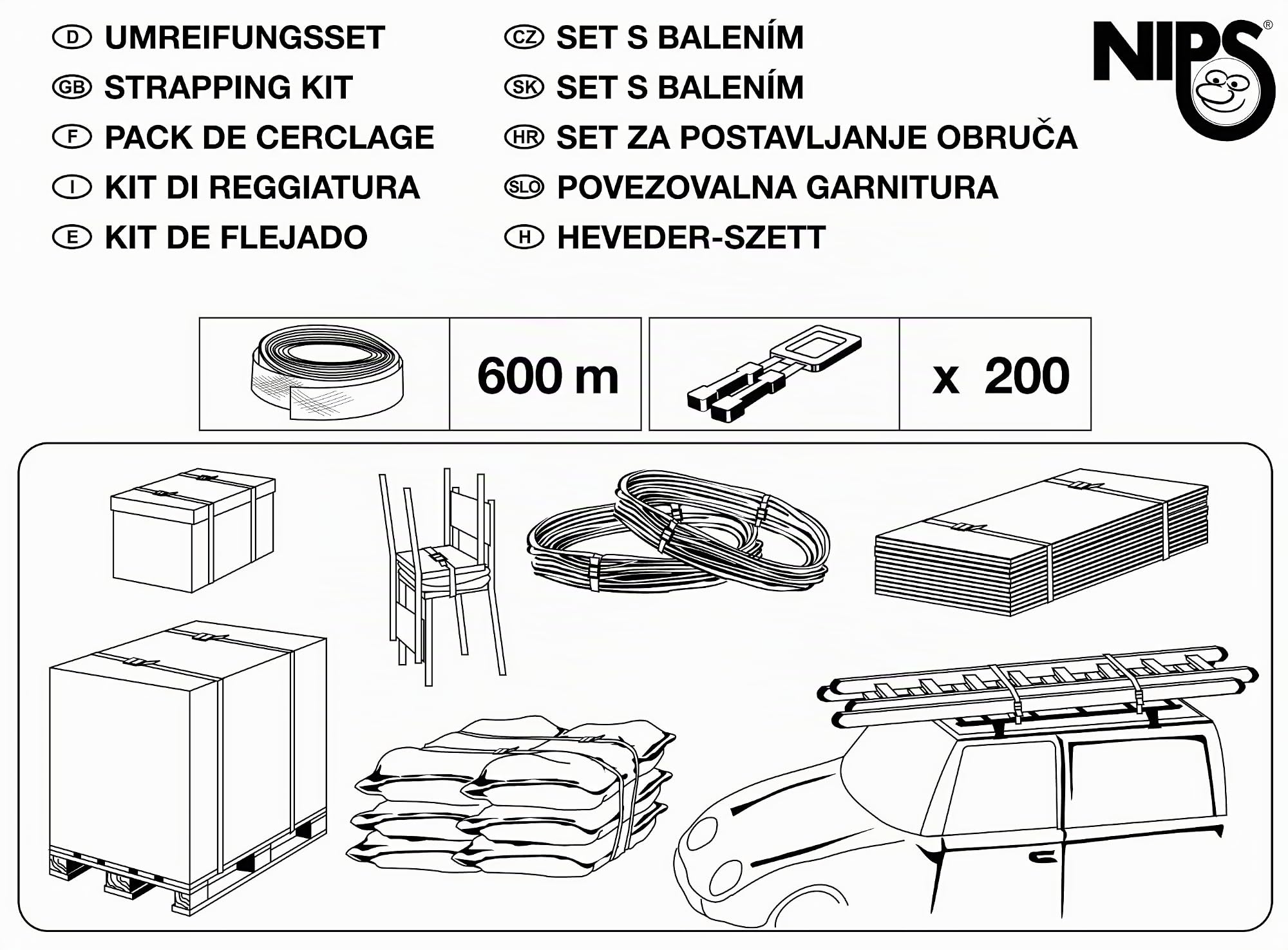 NIPS 140803001 - Juego de flejado, cinta de fleje PP de 600 m PP + 200 grapas de plástico