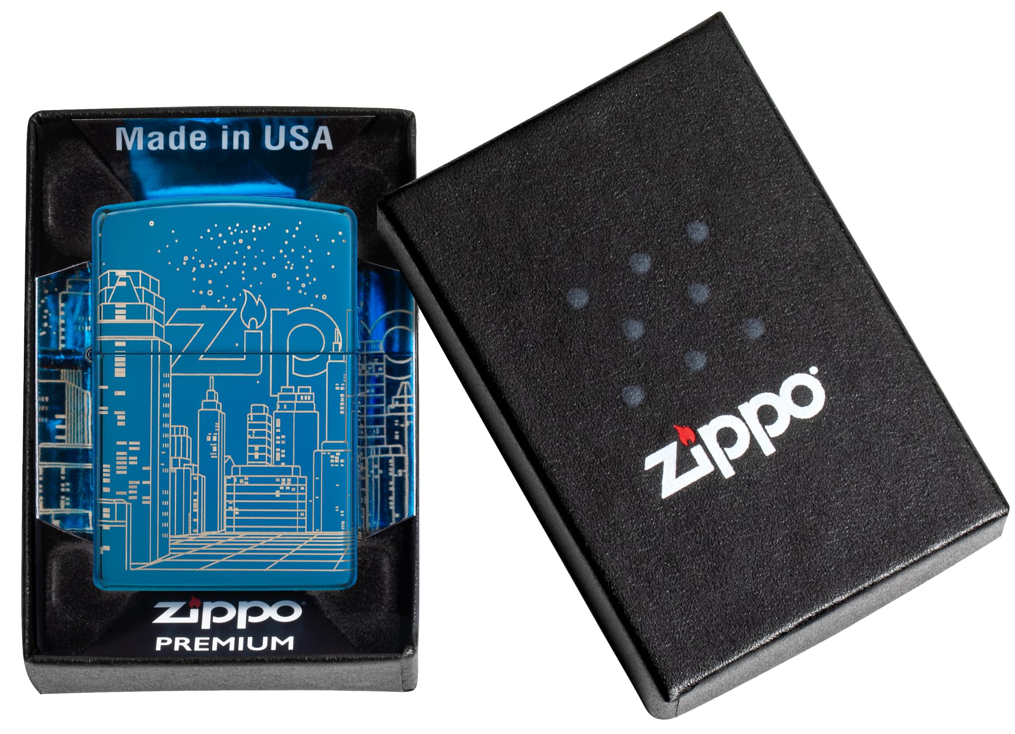 Zippo Sturmfeuerzeug Skyscraper High Polish Blue Laser 360° Nachfüllbar Windfest Made in USA
