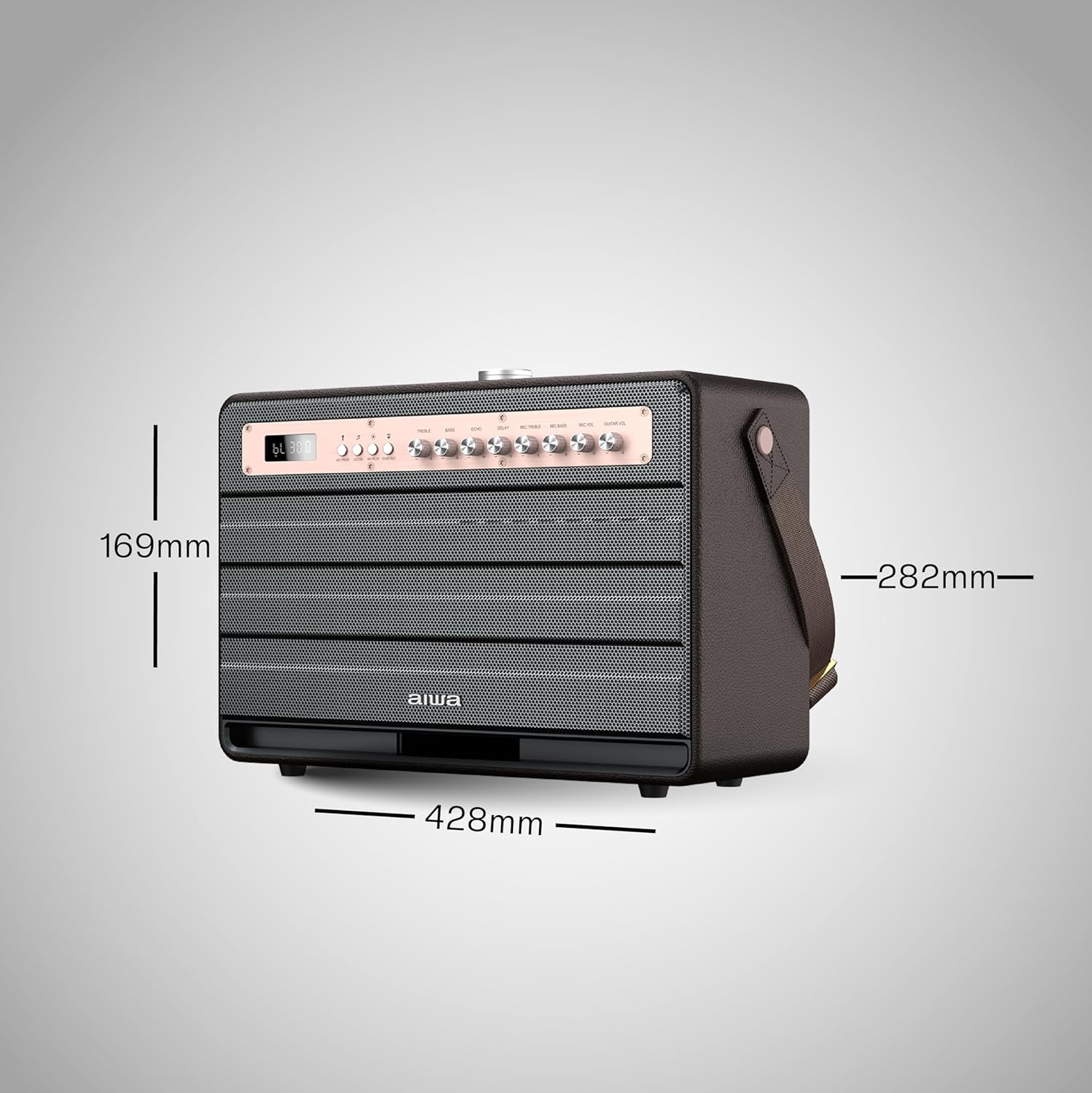 Diagram showing the dimensions of the Aiwa MI-X 450 PRO Enigma speaker: 428mm width, 169mm height, 282mm depth.