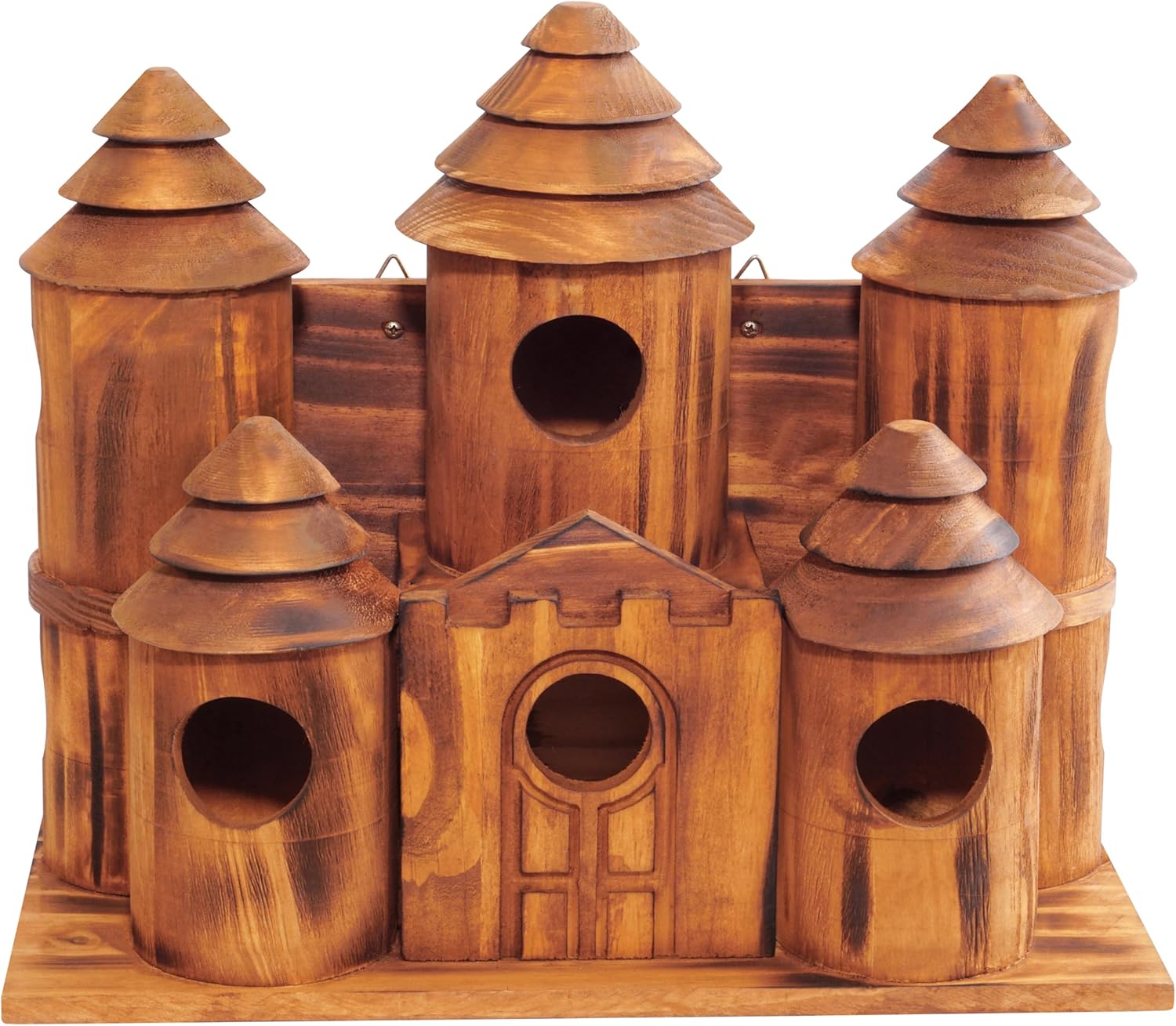 MIXUMON Wooden Bird Houses for Outside – 8 Rooms Castle-Style Bird House, Carbonized Pine Rustic Finish, 1.57" Entrance Holes, Decorative Outdoor Bird Nesting Box (Rustic, 8 Rooms)