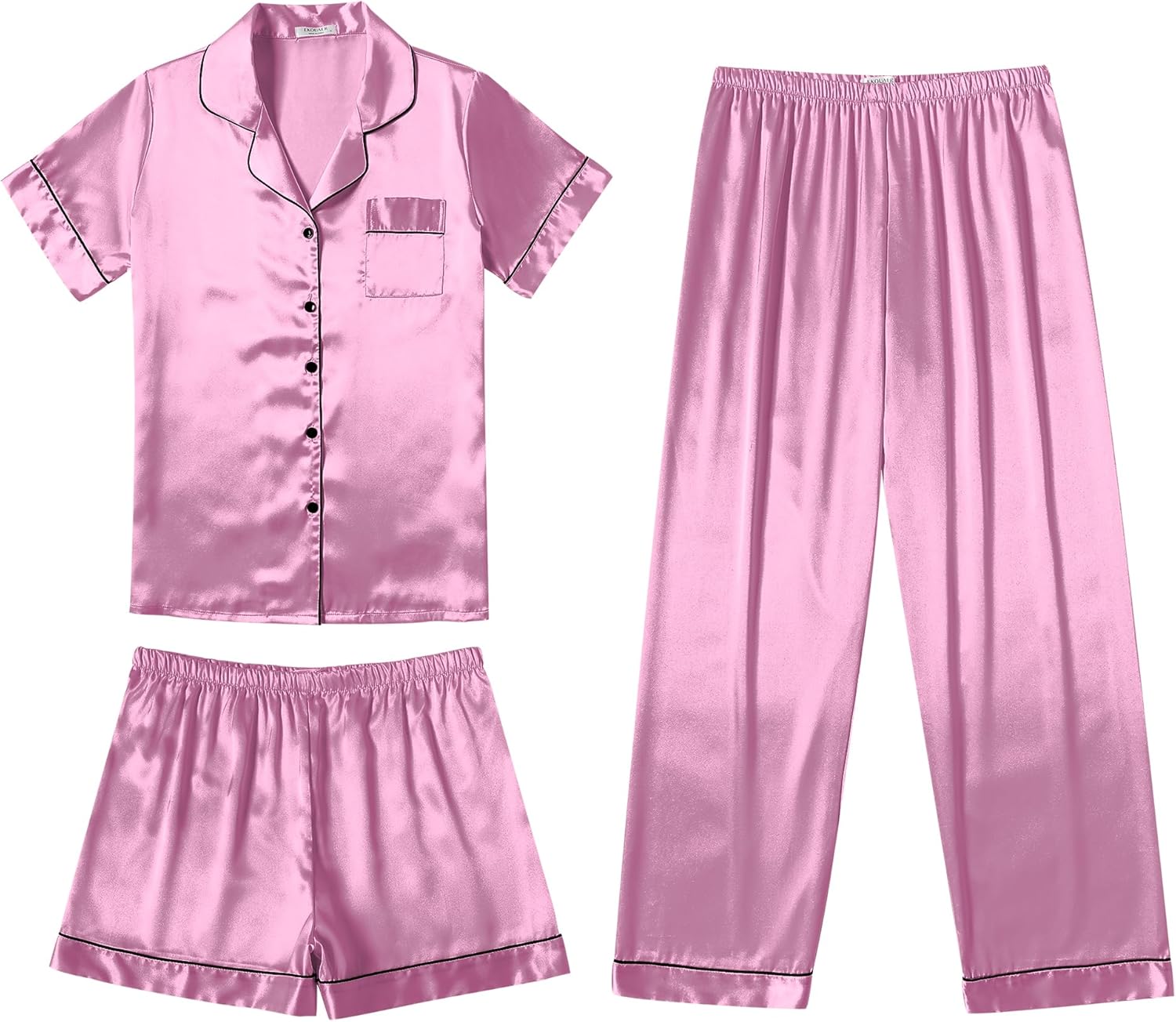 Ekouaer Silk Pajamas for Women Set Satin Pjs Soft Short Sleeve Button Down Sleepwear 3 Piece Loungewear S-XXL