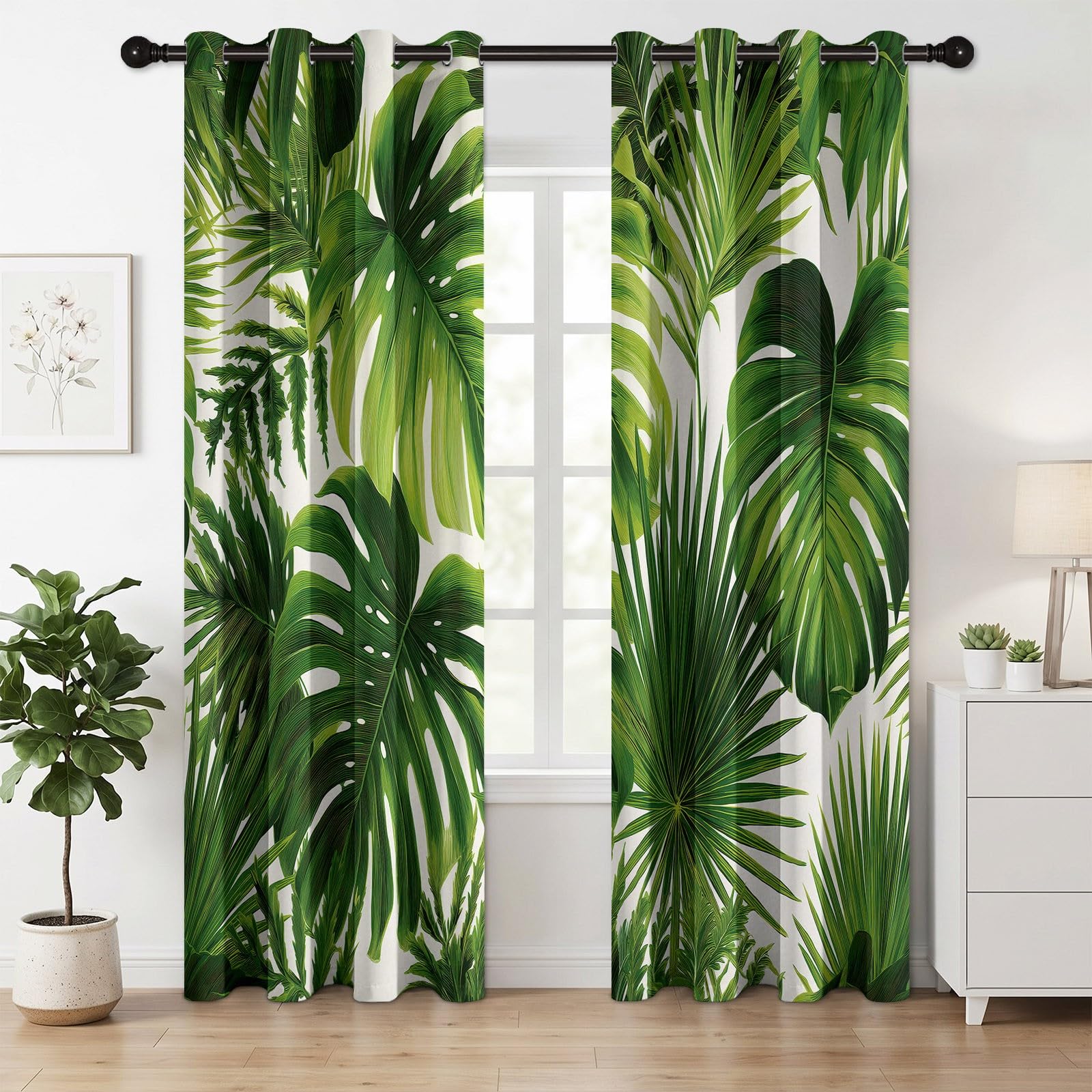 Zielona termiczna zasłona zaciemniająca, rośliny Monstera Deliciosa Palm Leaves Zestaw 2 zasłon z izolacją akustyczną, oszczędność energii, idealna do sypialni, salonu, okna 117 x 229 cm