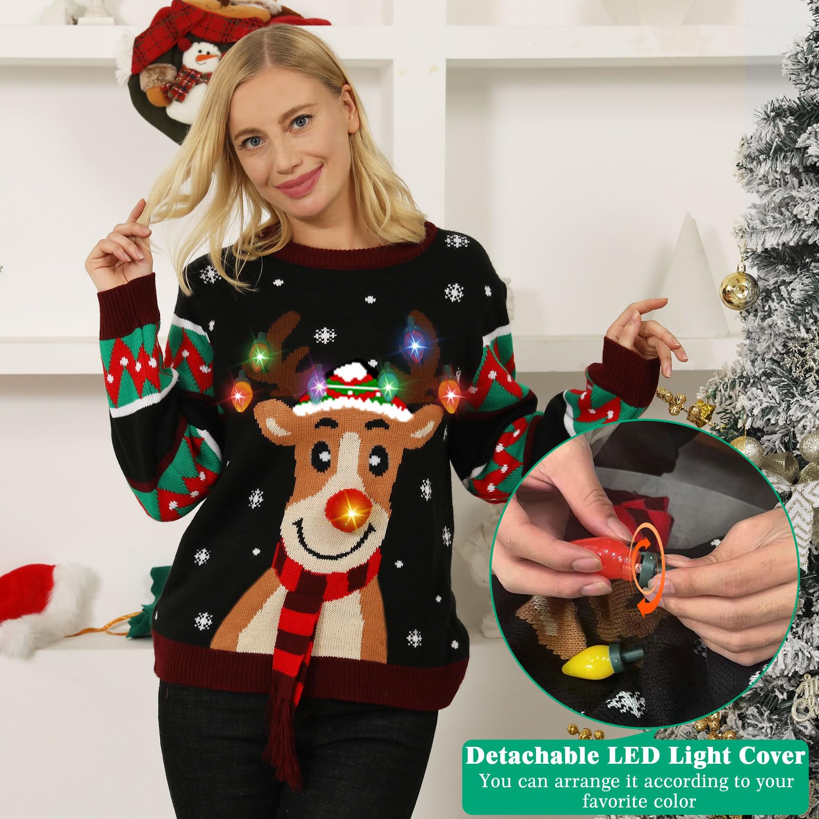 Maglione Natalizio con Luci, Maglioni Natalizi Famiglia Coppia Maglione Natale Uomo e Donna, Brutti Maglione Natalizio LED con Renna Stampato, Girocollo Ugly Christmas Sweater Maglioni di Natale