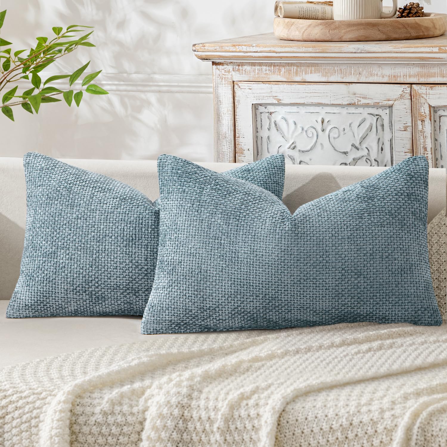 MIULEE Decorative Lumbar Throw Pillow Covers 12x20 Inch Coastal Blue 2 Pack