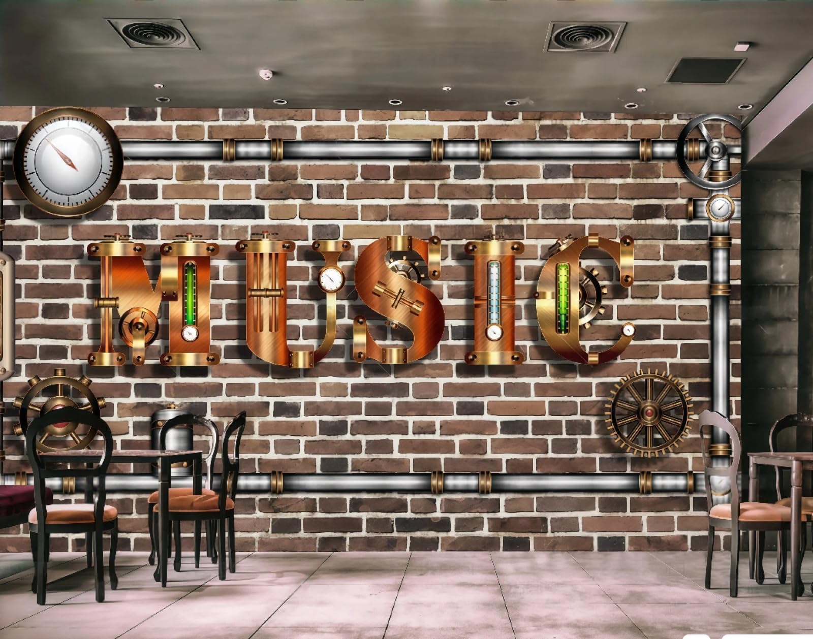 XDOUBAO Wallpaper Fashion Brick Wall Machinery Metal Music Letter Art Dessert Shop Afternoon Tea Western Restaurant Background Wall Wallpaper Coffee Shop Mural,3D,300x210cm