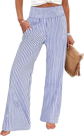 ANRABESS Womens Striped Gingham Palazzo Pants | Wide Leg Smocked High Waisted Pajama Pants, Lounge & Casual, Summer Fall Cute Pants with Pockets