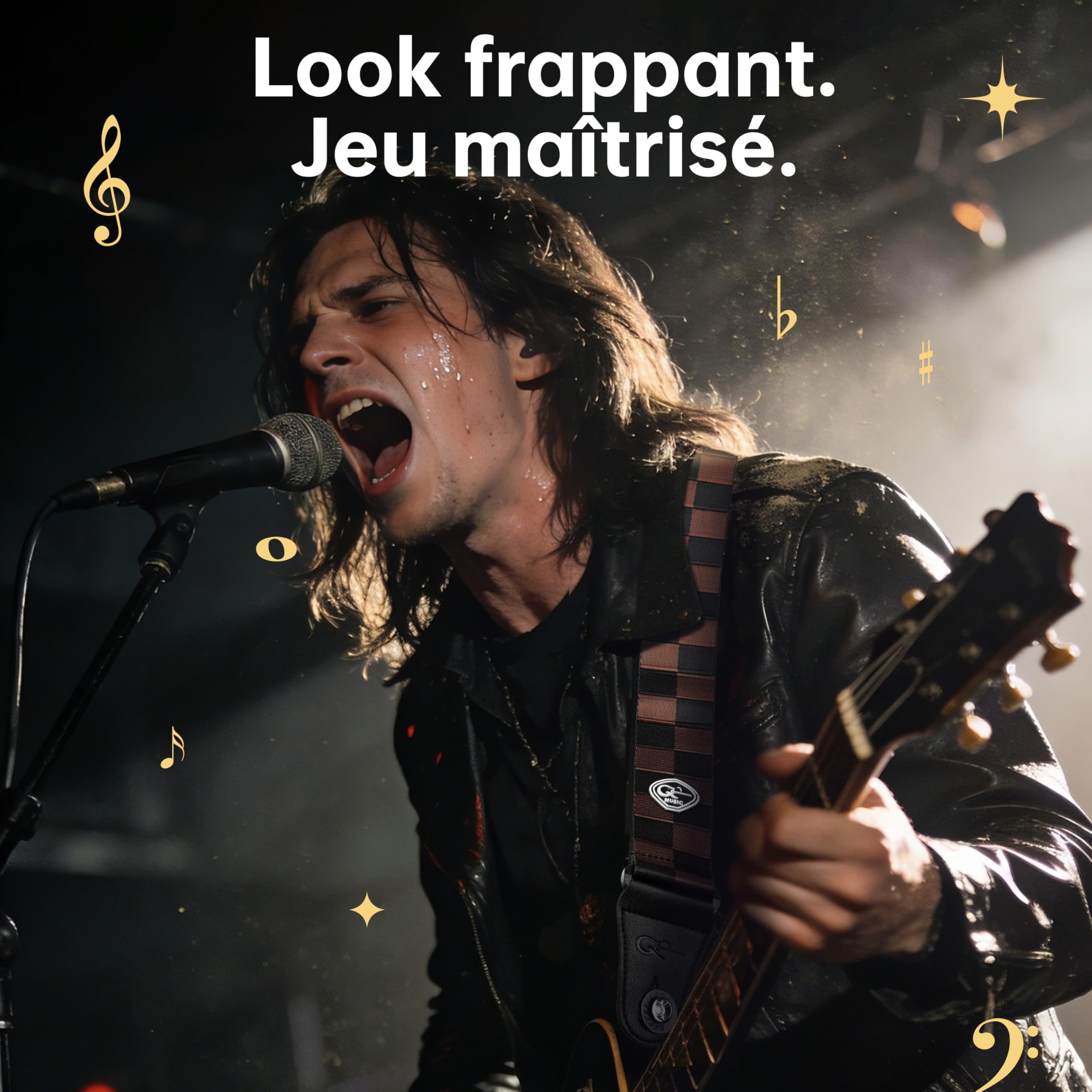 Sunya Sangle de guitare en nylon, 5 cm de large avec embouts en cuir, comprend des verrous de sangle en caoutchouc et des médiators, pour guitares acoustiques, électriques