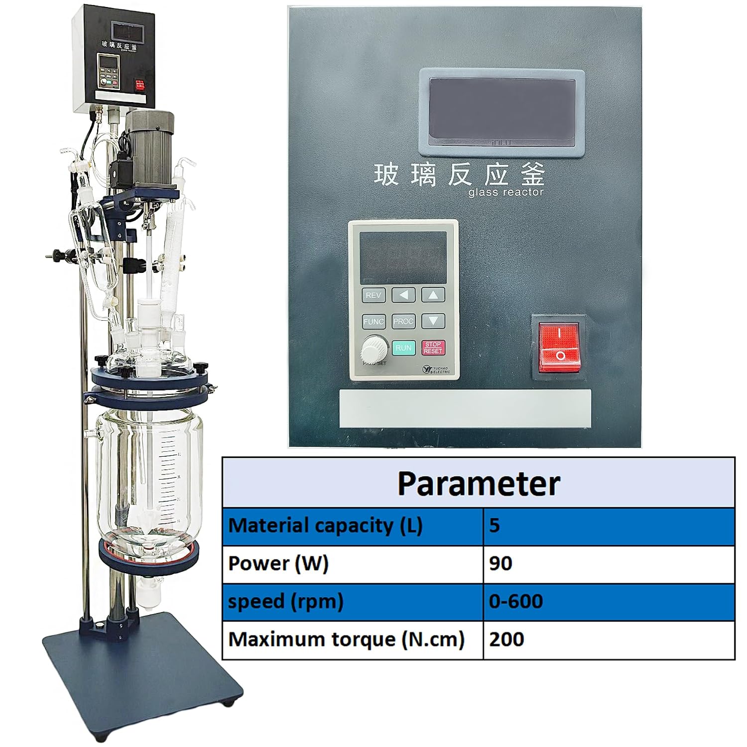 Glass Reactor 5L Chemical Glass Jacketed Vessel for Reaction Distillation Digital Display Double-Layer Lab Reactor with Support Frame Adjustable Speed for Lab Reaction Distillation 220V