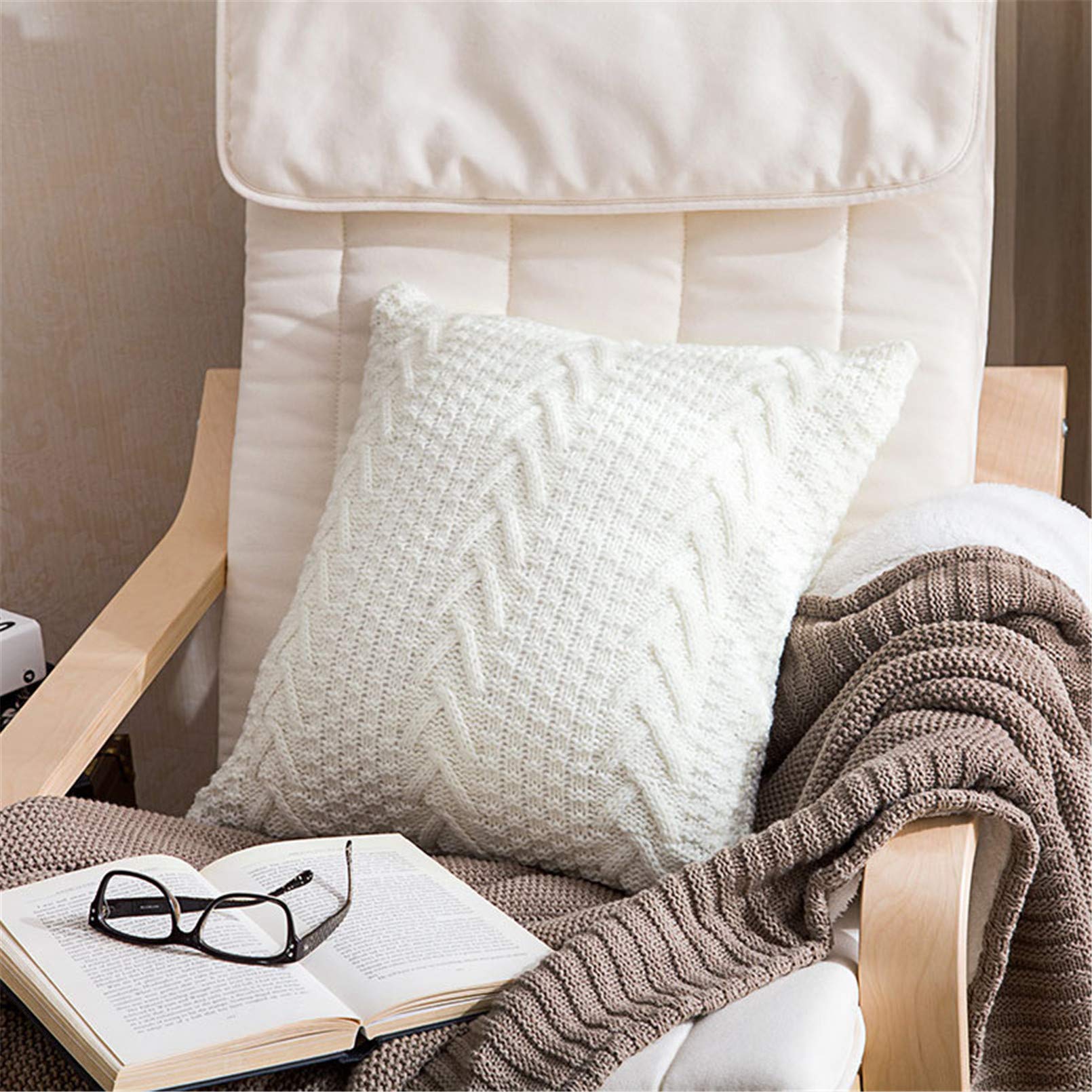 SWECOMZE Gestrickter Kissenüberzug Lendenkissen Wurfkissenbezug Dekorative Für Sofa Autos Wohnzimmer Schlafzimmer 45cm x 45cm (Weiß,2 Stücks)