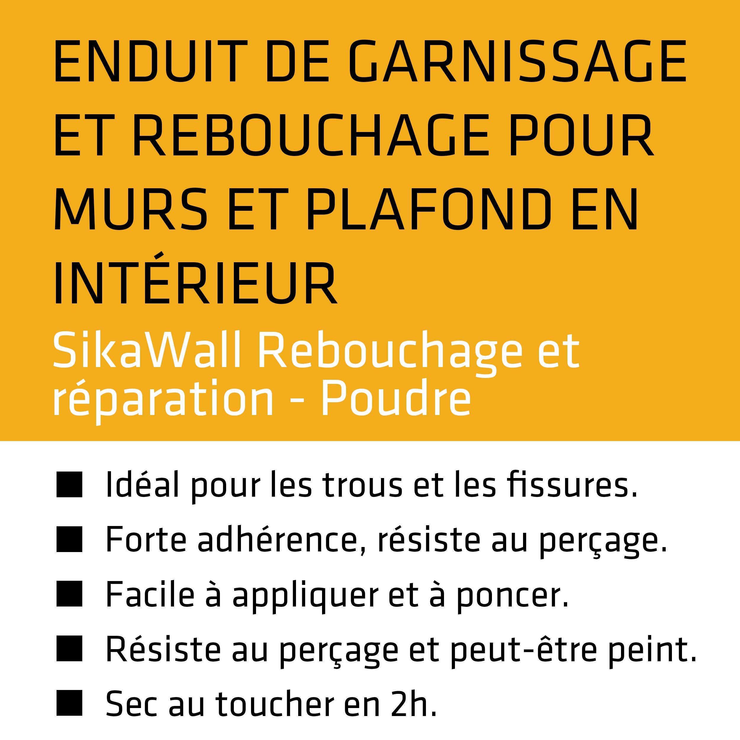 SikaWall Enduit de Garnissage Rebouchage murs et plafonds en poudre, 20kg ~ 20m²