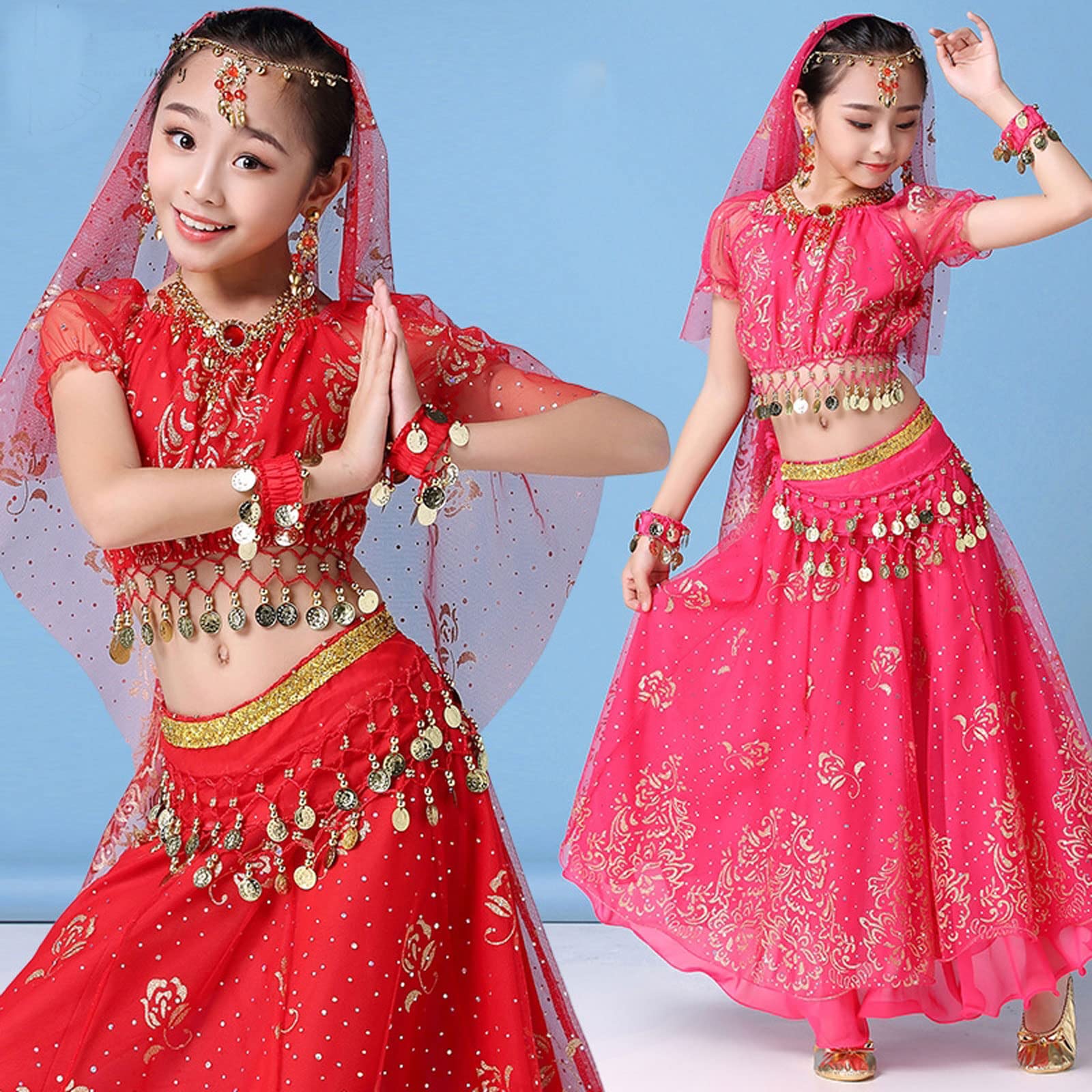 Set Costume Danza Del Ventre Per Ragazze – Top, Gonna Chiffon, Velo E Catena, Colori Vivaci