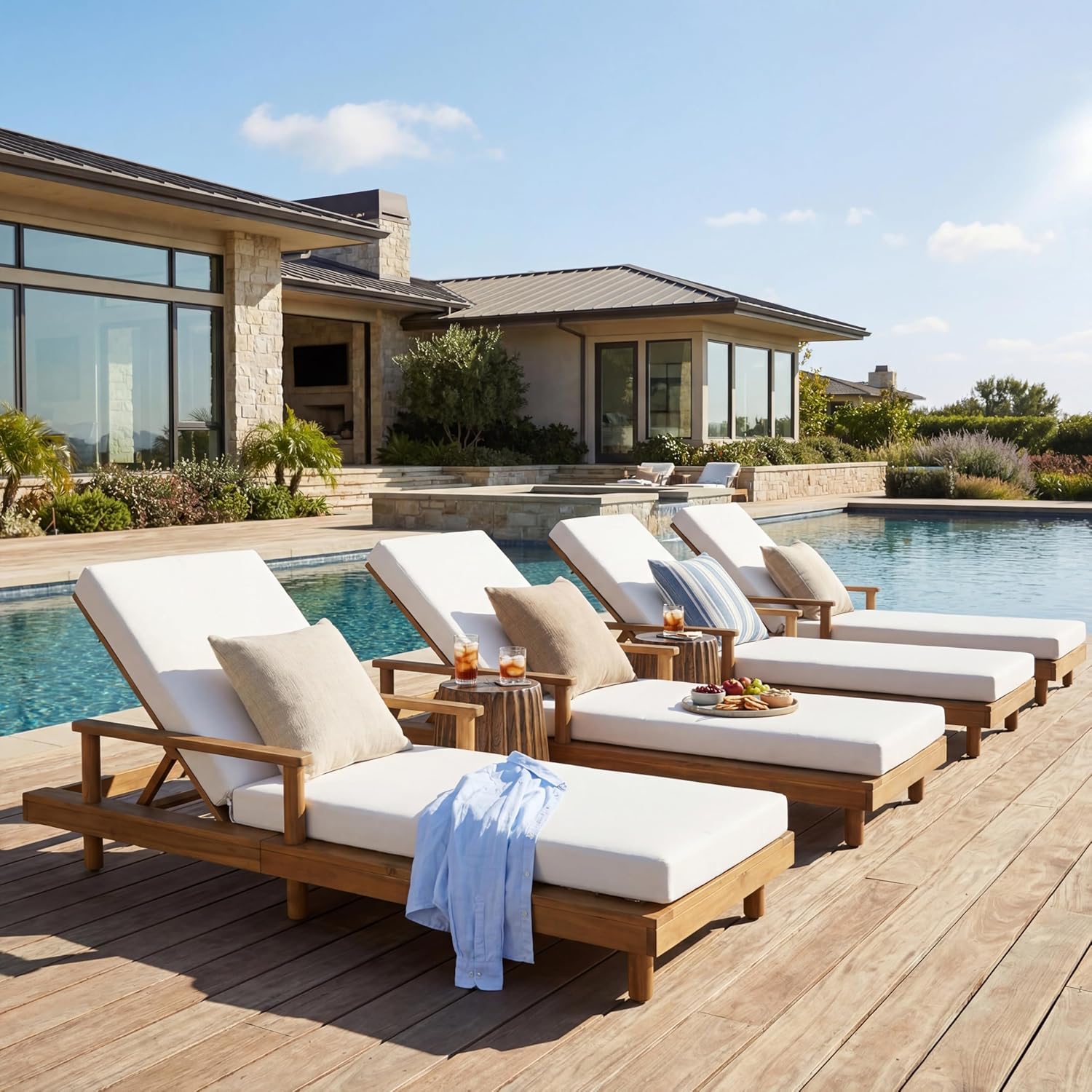 Merax Acacia Wood Outdoor Chaise Lounge Chair Set of 4, 3-Position Adjustable Back & 4" Thick Removable Cream Cushion, 400lbs Capacity, Modern Large Patio Sun Lounger for Patio Garden Pool