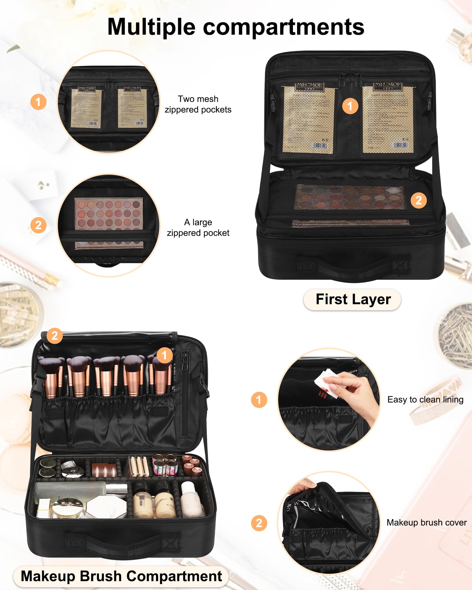 Reise-Make-up-Koffer, Make-up-Kosmetik-Organizer, tragbare Künstleraufbewahrungstasche mit verstellbaren Trennwänden für Kosmetik, Make-up, Pinsel, Toilettenartikel (schwarze Farbe Medium)