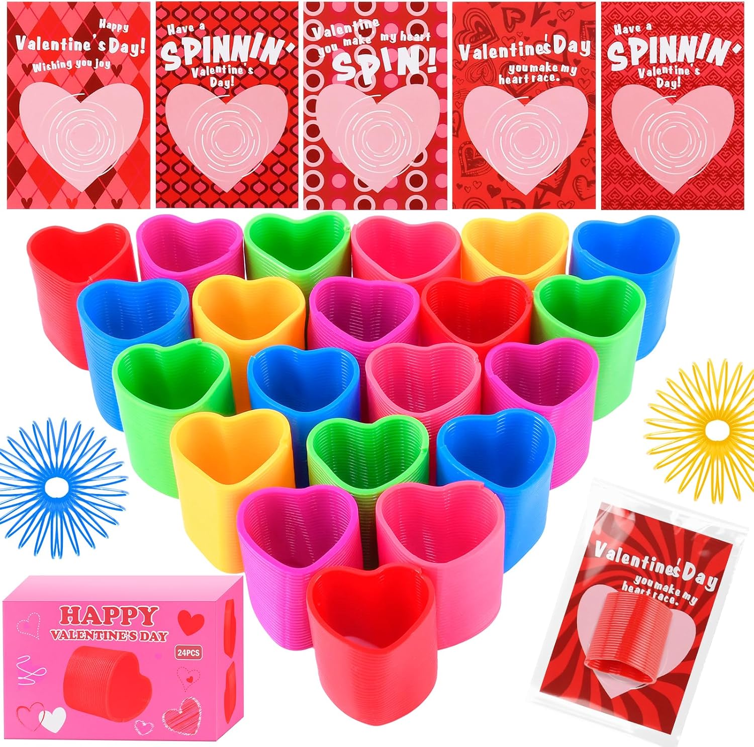 24 PCS Mini Coil Spring Fidget Toys with Cards, Bulk Stress Fidget Toys for Kids Classroom Treasure Box, Birthday Party Favors Goodie Bag Stuffers, Carnival Prize (6 Colors)