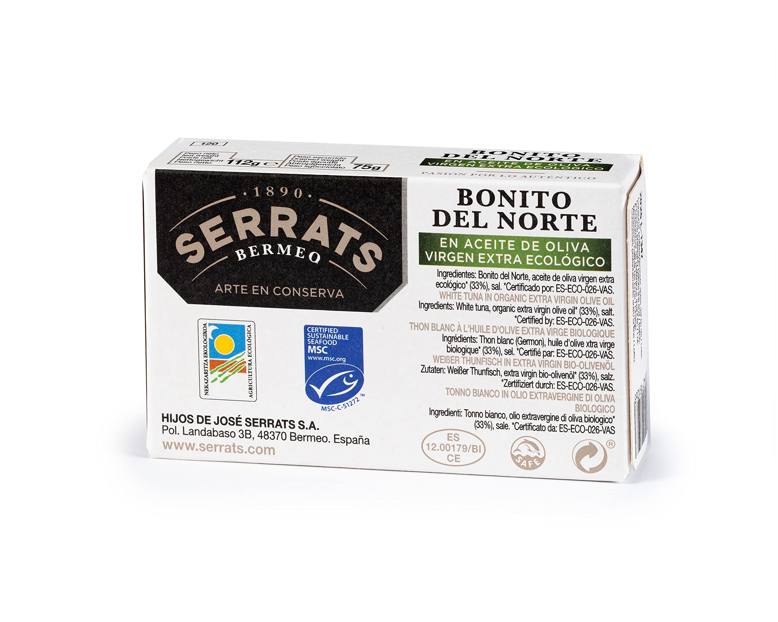 CONSERVAS SERRATS - Weißer Thunfisch aus dem Kantabrischen Meer in Bio Nativem Extra Olivenöl - 12 Dosen x 112g (Gesamt: 1344g) - Handwerkliche Herstellung seit 1890 - Glutenfrei - Reich an Omega 3