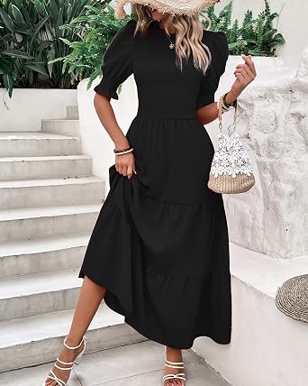 BTFBM Women Casual Summer Dresses 2026 Spring Crew Neck Ruffle Short Sleeve Smocked Floral Boho Flowy Maxi Dress Clothes