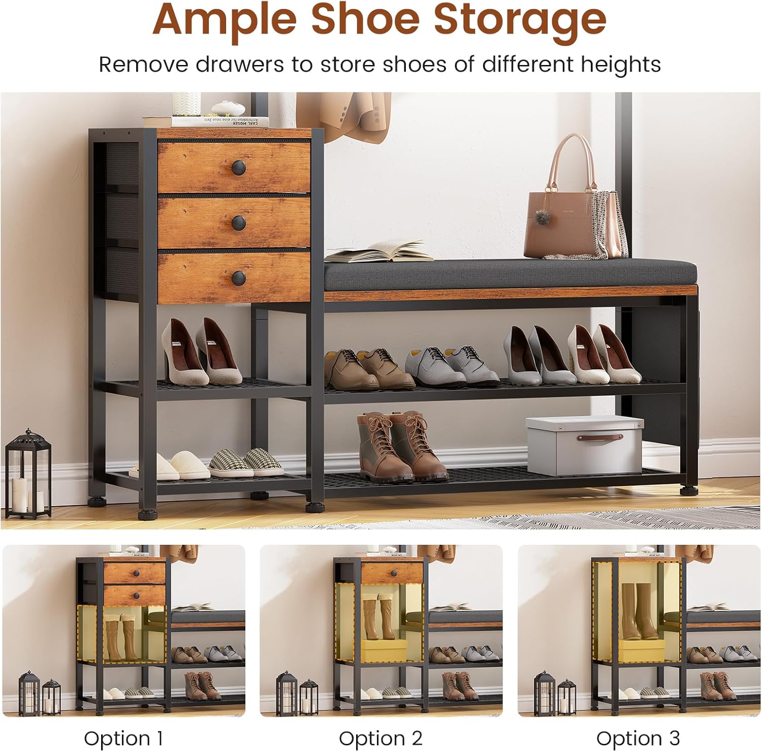 Itaar Coat Rack, Hall Tree with Bench and Shoe Storage, 7-in-1 Entryway Bench with Soft Cushion, Storage Bag, 3 Fabric Drawers(Rustic Brown)