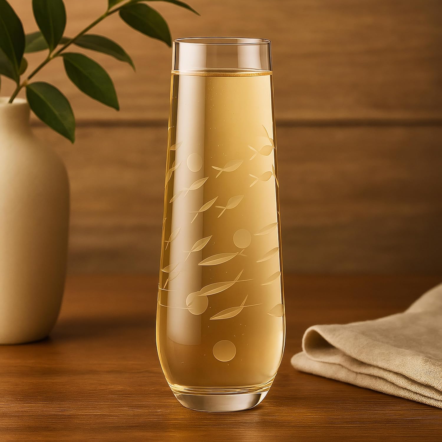 SHOSHIN Stemless Champagne Glasses Set of 4 – 9.5oz Lead-Free Crystal Flutes with Elegant Fish Pattern, Perfect for Parties and Weddings, Dishwasher Safe