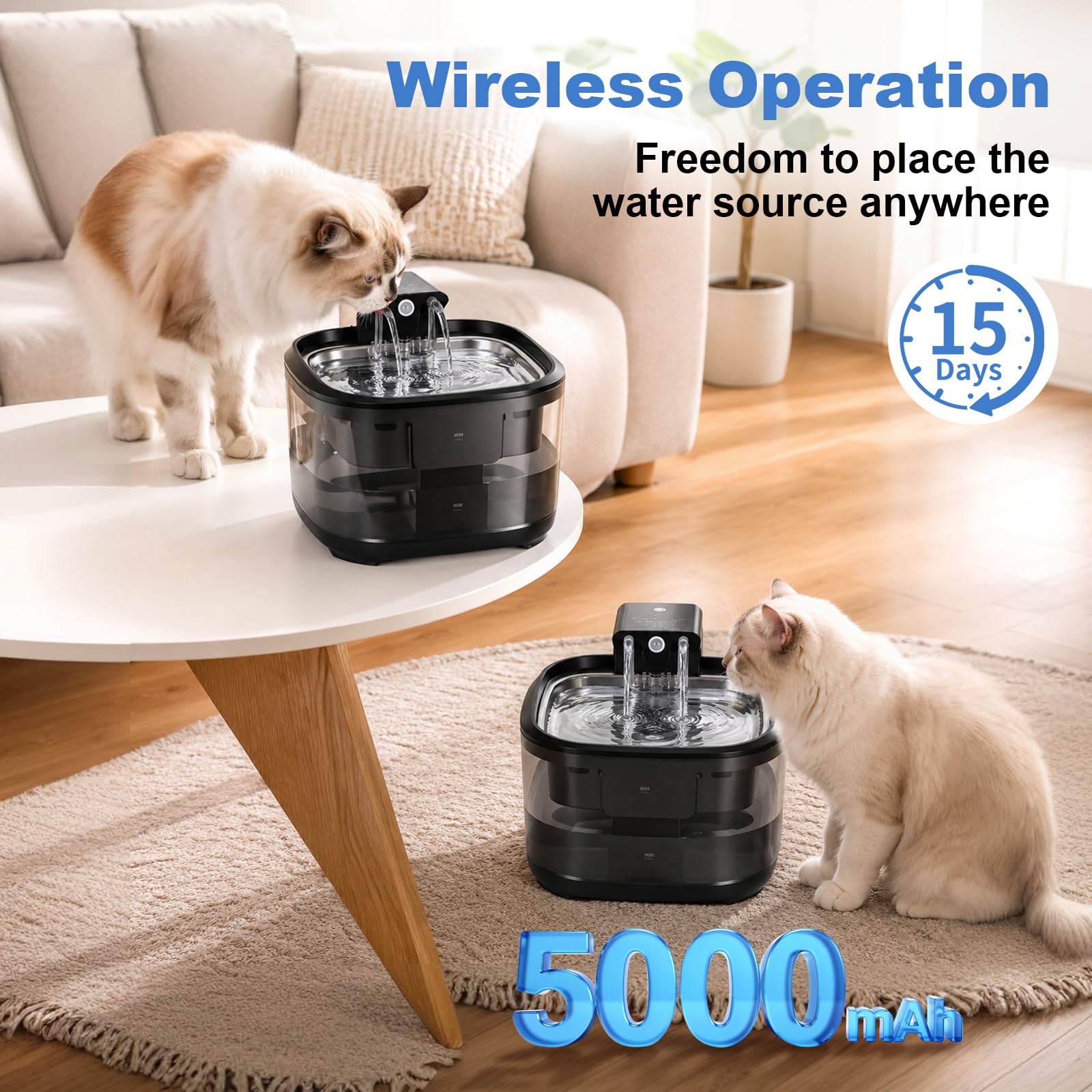 Fuente de agua inalámbrica para gatos, fuente automática de 3.2 L, bomba ultra silenciosa, material sin BPA, sistema de triple filtración, dispensador de agua inalámbrico para gatos y