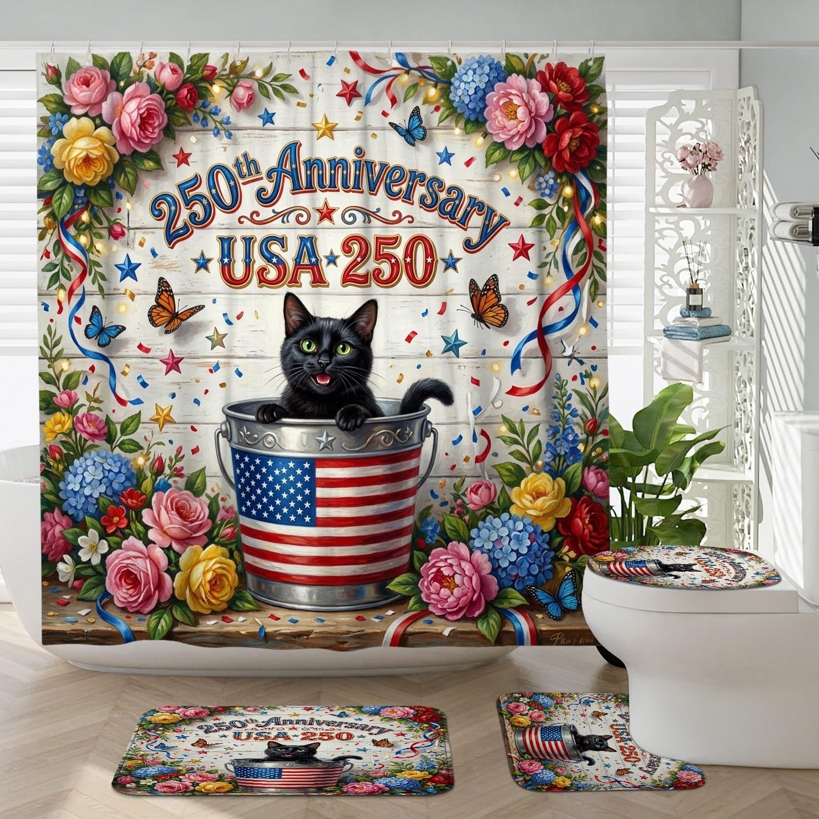 Rideaux de douche motif chats Bombays, tapis antidérapant et contour WC effet bois 183cm