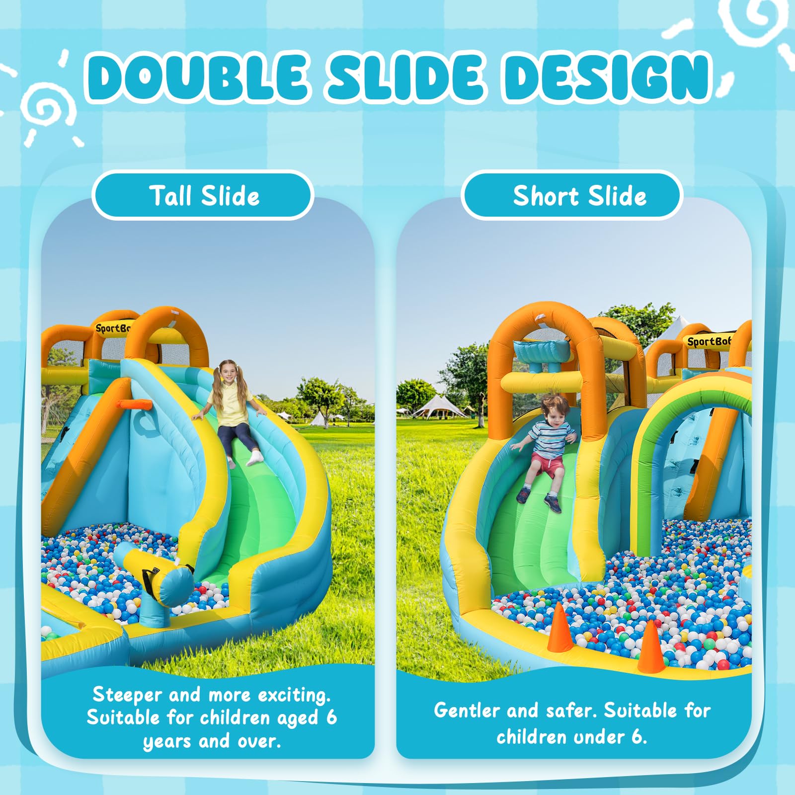 Hüpfburg mit Gebläse und Wasserrutsche, Hüpfburg Kinder für Indoor & Outdoor, Groß Wasser hüpfburgen wasserpark Kinder Outdoor mit Doppelrutsche, Regenbogentor, Wasserkanonen