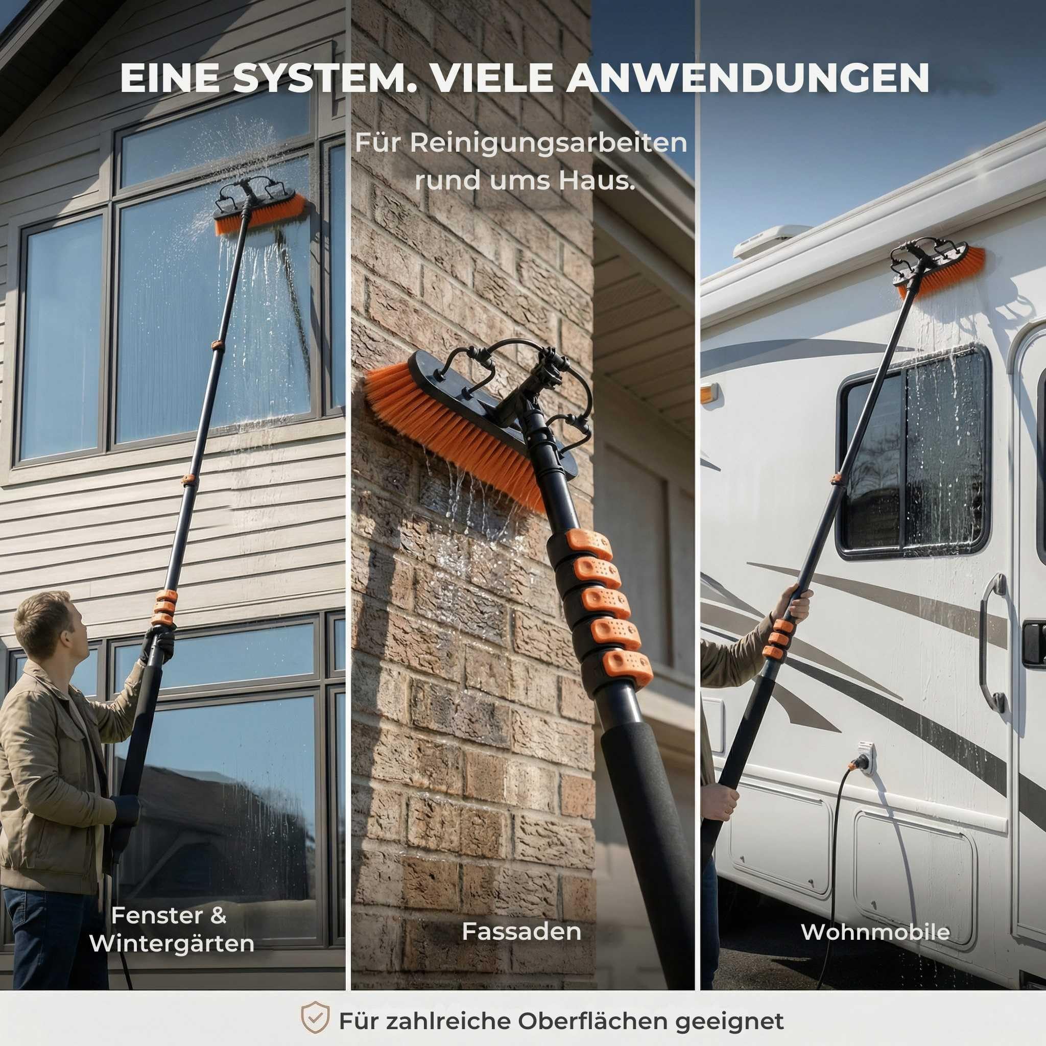 Briliantwerk® Teleskop Waschbürste mit Wasseranschluss | 6 m Reichweite | Wasserbürste für PV Anlage und Solarpanel Reinigung, Wintergarten, Terrassendach, Glasdach und Fensterreinigung