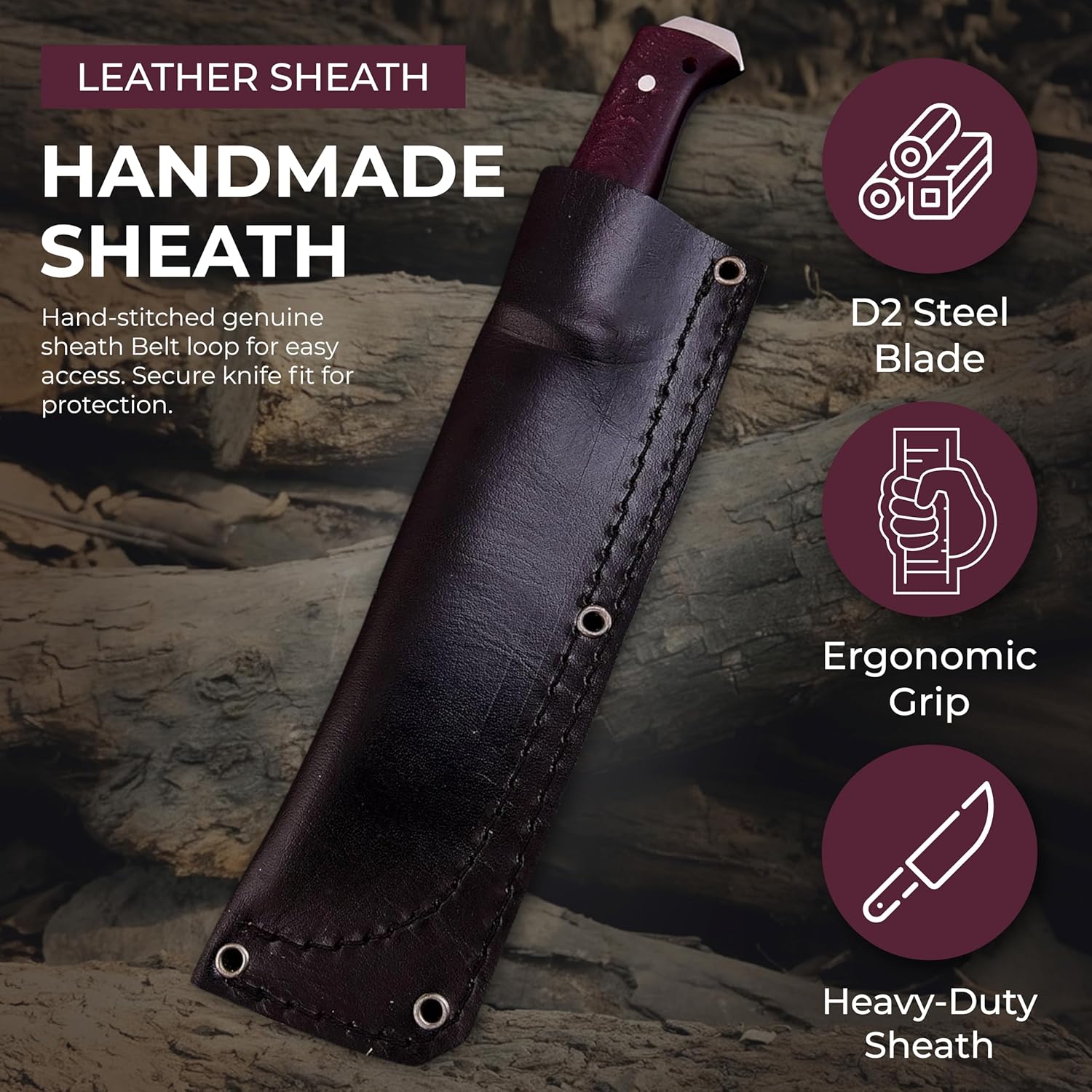 Bushcraft Knife with Sheath,11.5 inch Fixed-Blade, Handmade Outdoor Full Tang Knives, Camping Knives, Hunting Knives, Survival Tactical Camp Knives, Made of D2 Steel (BROWN)