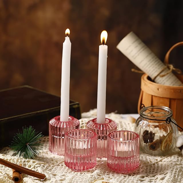 Candle Holder, Tealight Candlestick Holder 2 in 1 for Wedding, Church, Christmas, Birthday party, Bedroom Decoration (pink)