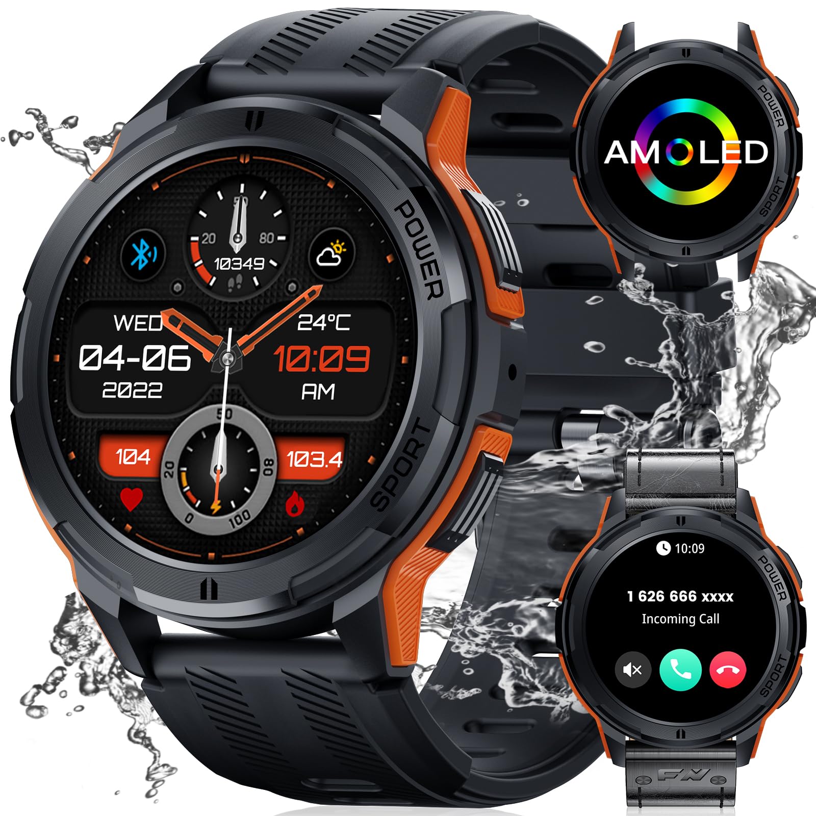 ESFOE 1.43" AMOLED Military Smart Watch for Men with Text and Call, 5ATM Waterproof Fitness Tracker Heart Rate/SpO2/Blood Pressure,Rugged Smart Watch for iOS Android