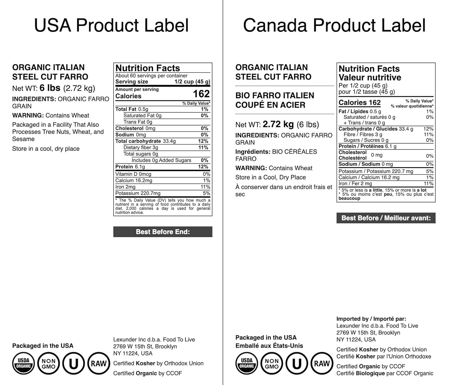 Food to Live Organic Italian Steel Cut Farro, 6 Pounds – Non-GMO, Cracked Pearled Wheat Grain, Non-Irradiated, Vegan, Bulk. Easy to Cook. Rich in Fiber, Protein. Perfect for Cereal, Porridge, Soups