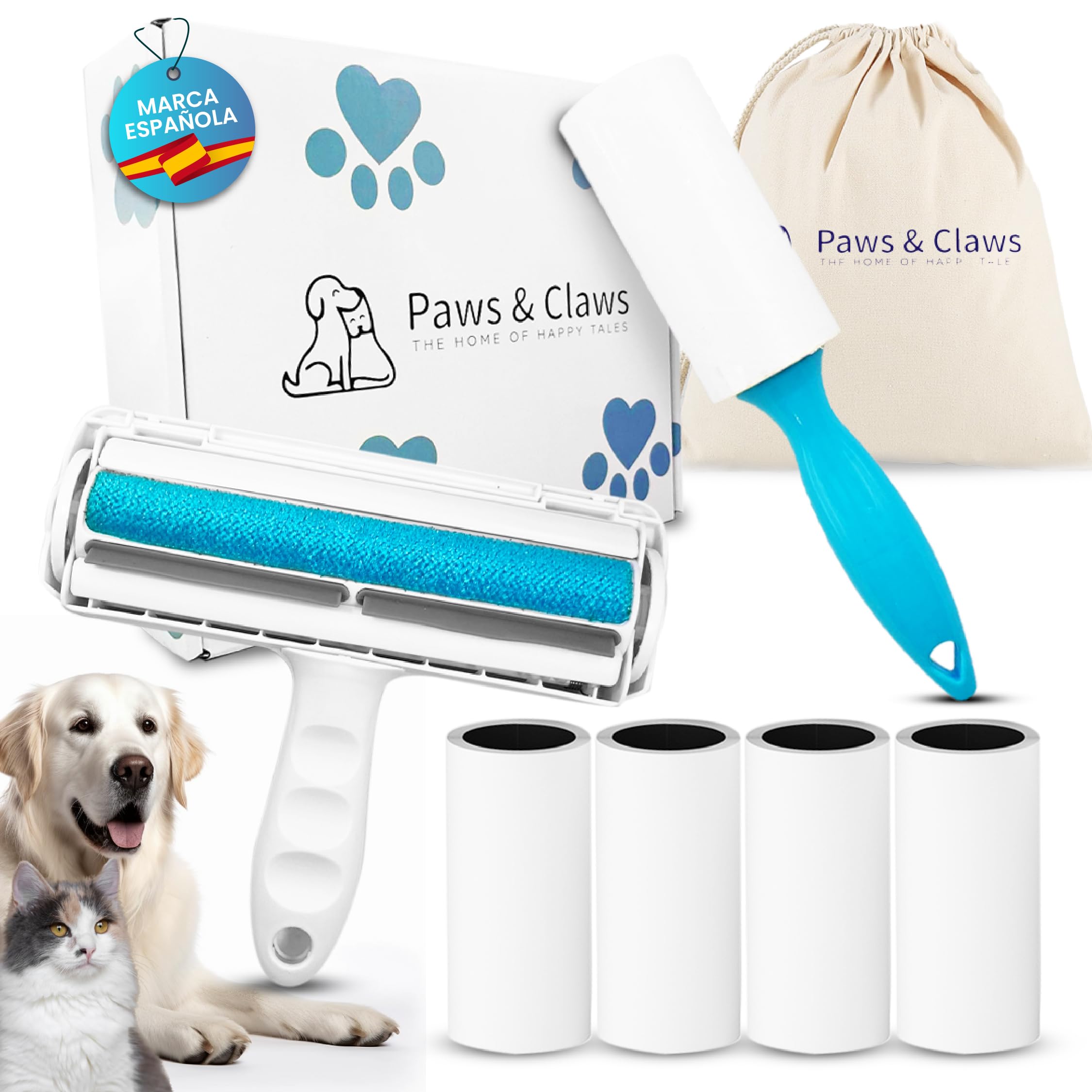 Paws&Claws Quita pelos Mascotas–Rodillo Reutilizable Limpia pelos de Perros y Gatos +Rodillo Adhesivo (4 Repuestos) – Cepillo Eliminador de Pelos en Ropa, Sofás, Alfombras y Coches. Pets Hair Remover