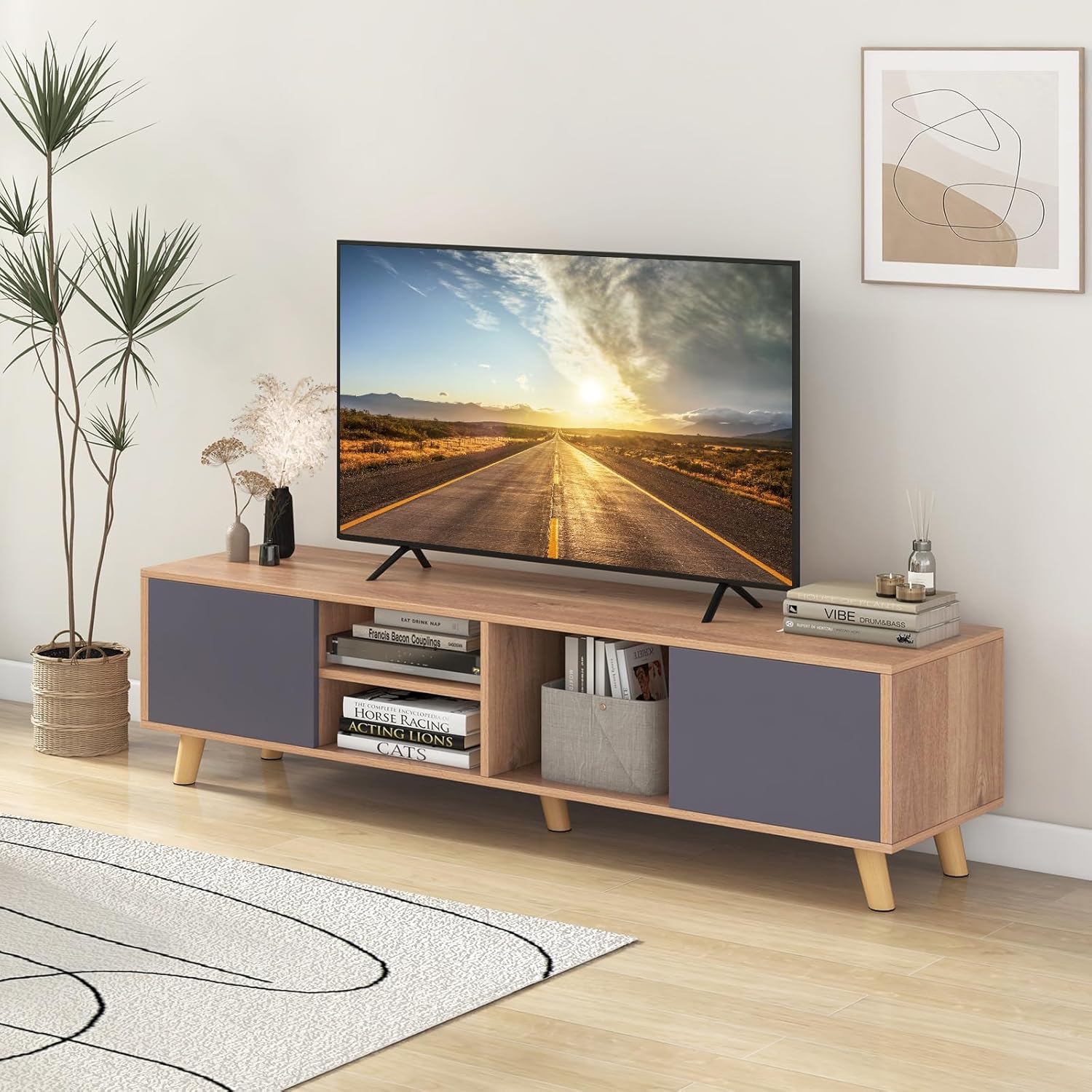 Tangkula TV Stand for TVs up to 65 Inch, Media Entertainment Center with 2 Doors, Open Shelves, TV Console Table with 3 Cable Management Holes, TV Cabinet for Living Room (Natural + Gray, for 65" TV)