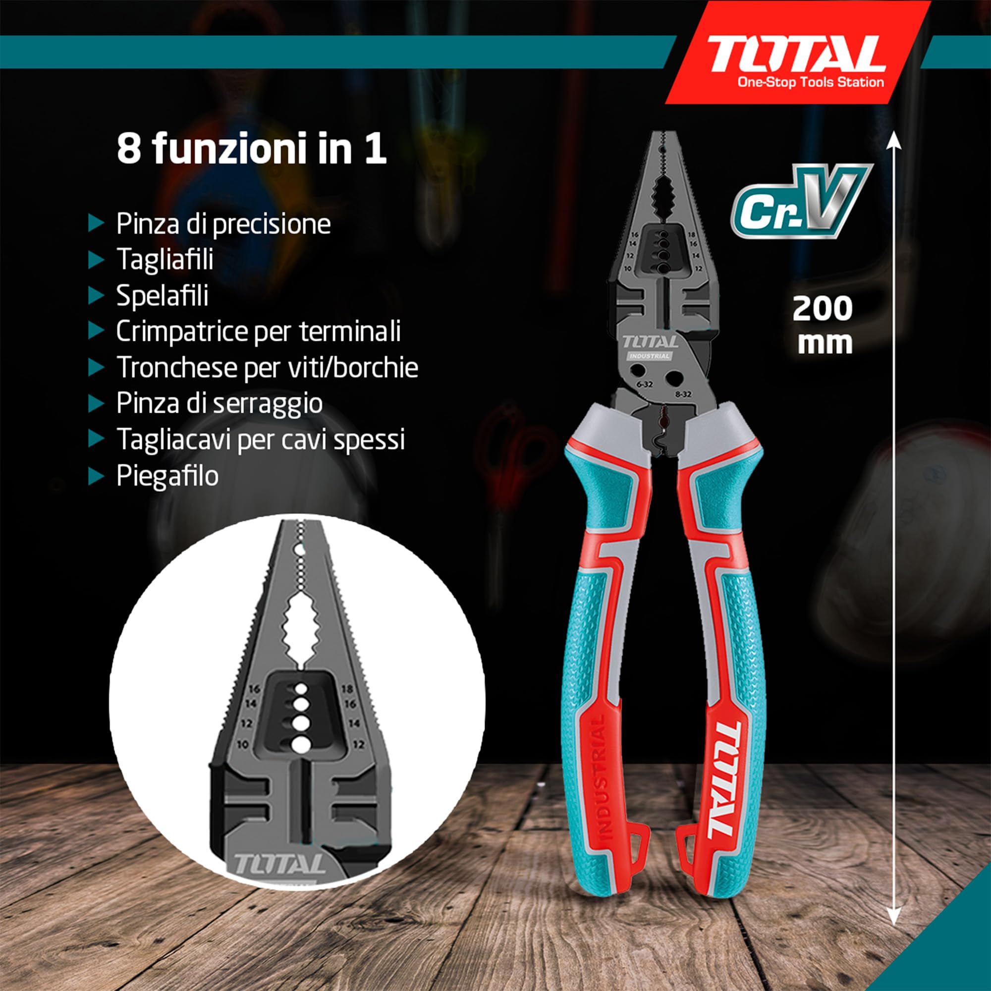 TOTAL - Pinza Multifunzionale 8 in 1 – 200 mm - Funzioni di Taglio, Sgrossatura, Fissaggio Chiodi - Acciaio Cr-V con Teflon - Manico Ergonomico Trimateriale - Forza Rinforzata