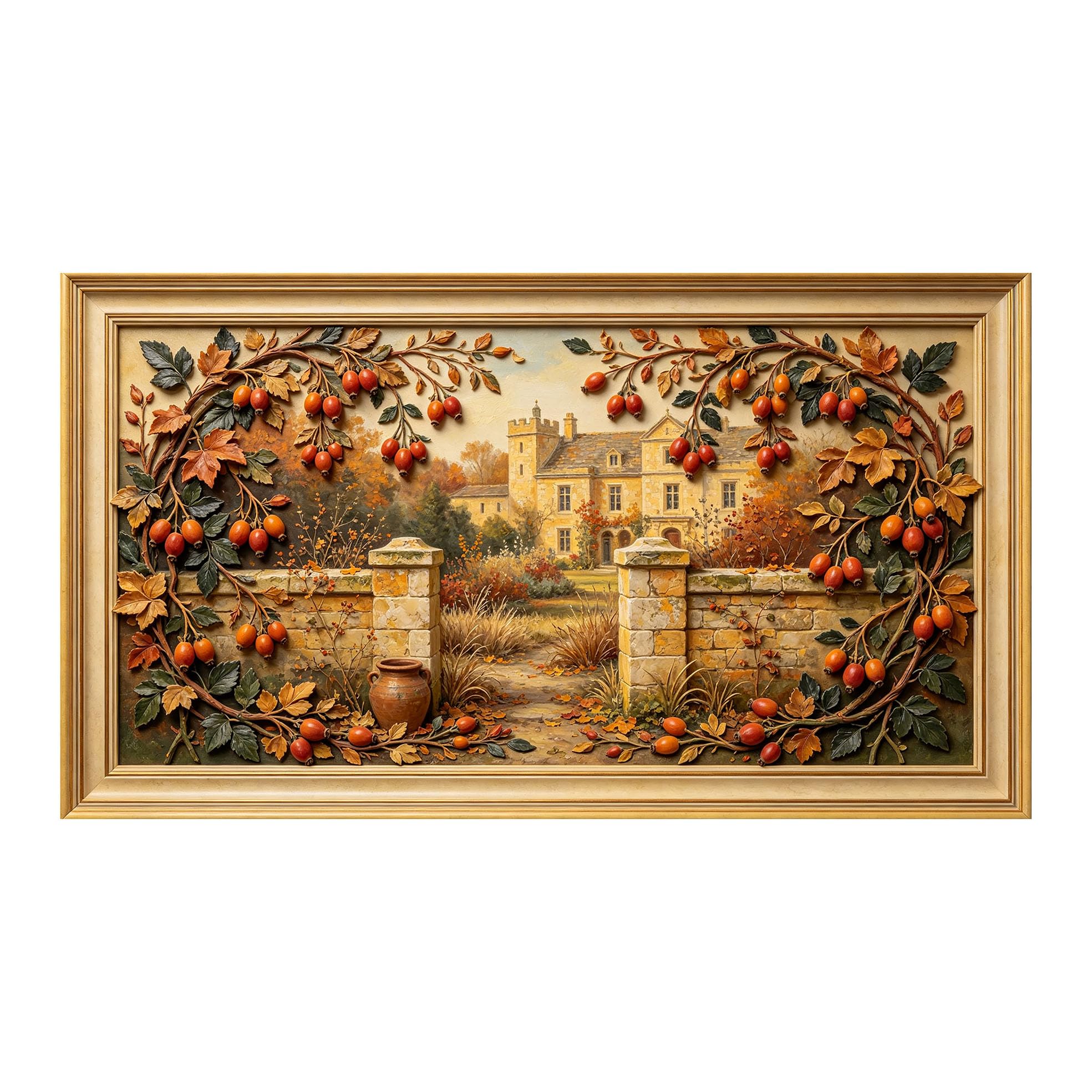 Murasolite 3D Framed Wall Art Autumn Provence Manor Landscape Oil Painting SelfAdhesive Fabric Mural Wall Decor， Peel and Stick No Damage to Wall， AntiFall Safe Design for Bedroom Living Room