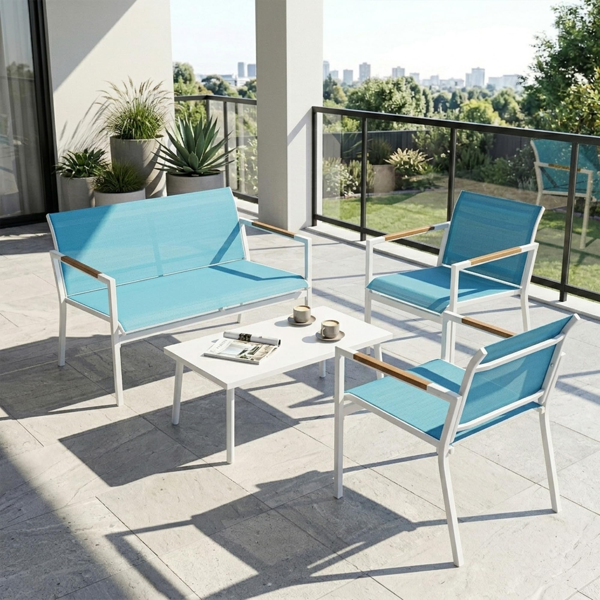 Outsunny Set Salotto da Giardino 4 Pezzi Salottino Esterno Blu | Texteline Traspirante, Divano 2 Posti, 2 Poltrone, Tavolino con Piano Metallo, Set Metallo per Patio