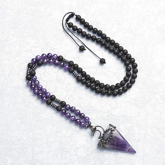 Jovivi 6mm Natural Amethyst Crystal Pendulum Necklace Lava Rock Labradorite Healing Chakra Triangle Pendulum Crystal w/Moon 25inches Adjustable
