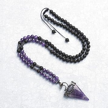 Jovivi 6mm Natural Amethyst Crystal Pendulum Necklace Lava Rock Labradorite Healing Chakra Triangle Pendulum Crystal w/Moon 25inches Adjustable