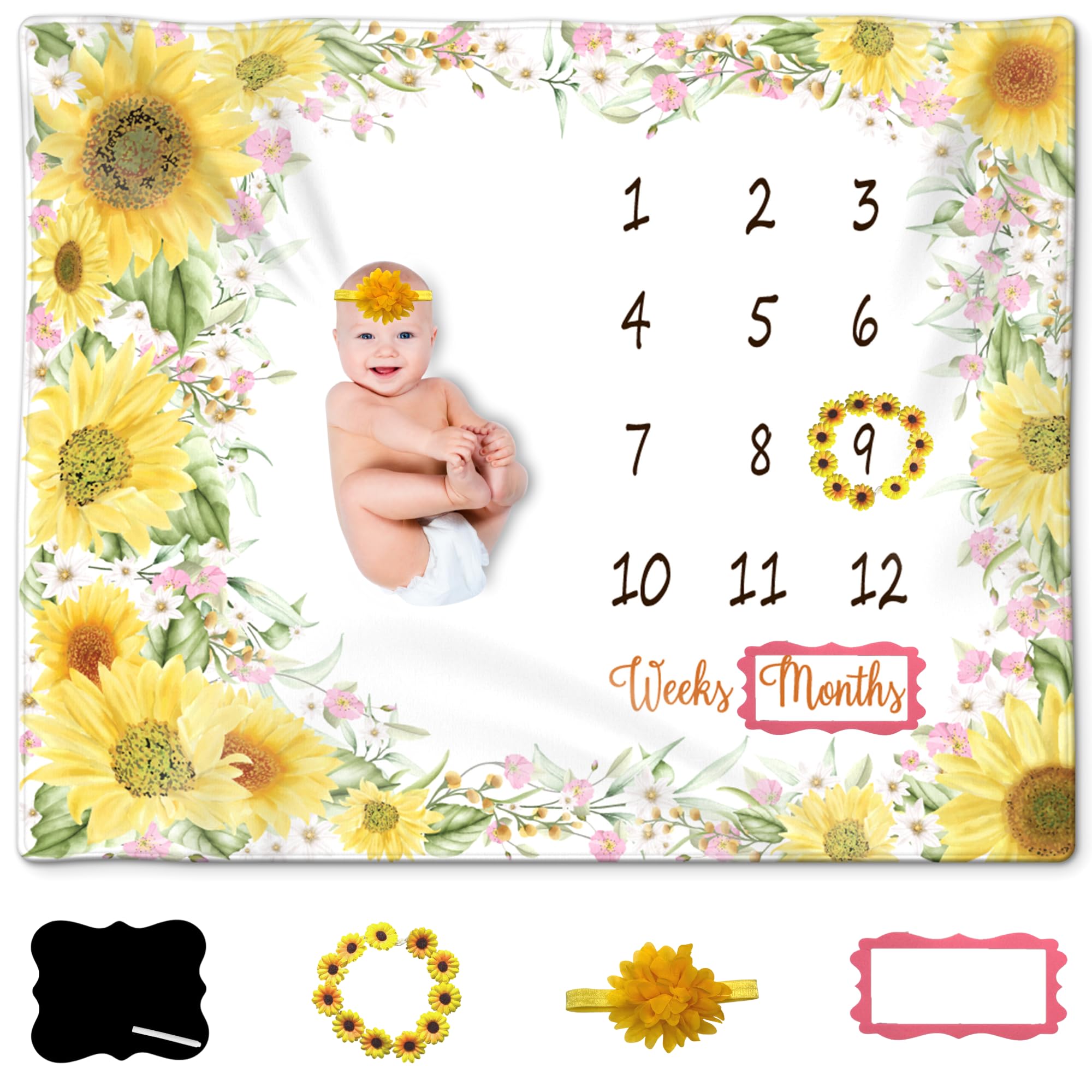 KEMINA BLANKETS Baby Monthly Milestone Blanket Girl, Boy - Sunflower Milestone for Baby Girl Includes Wreath, Headband and Frame, Month Blanket Floral