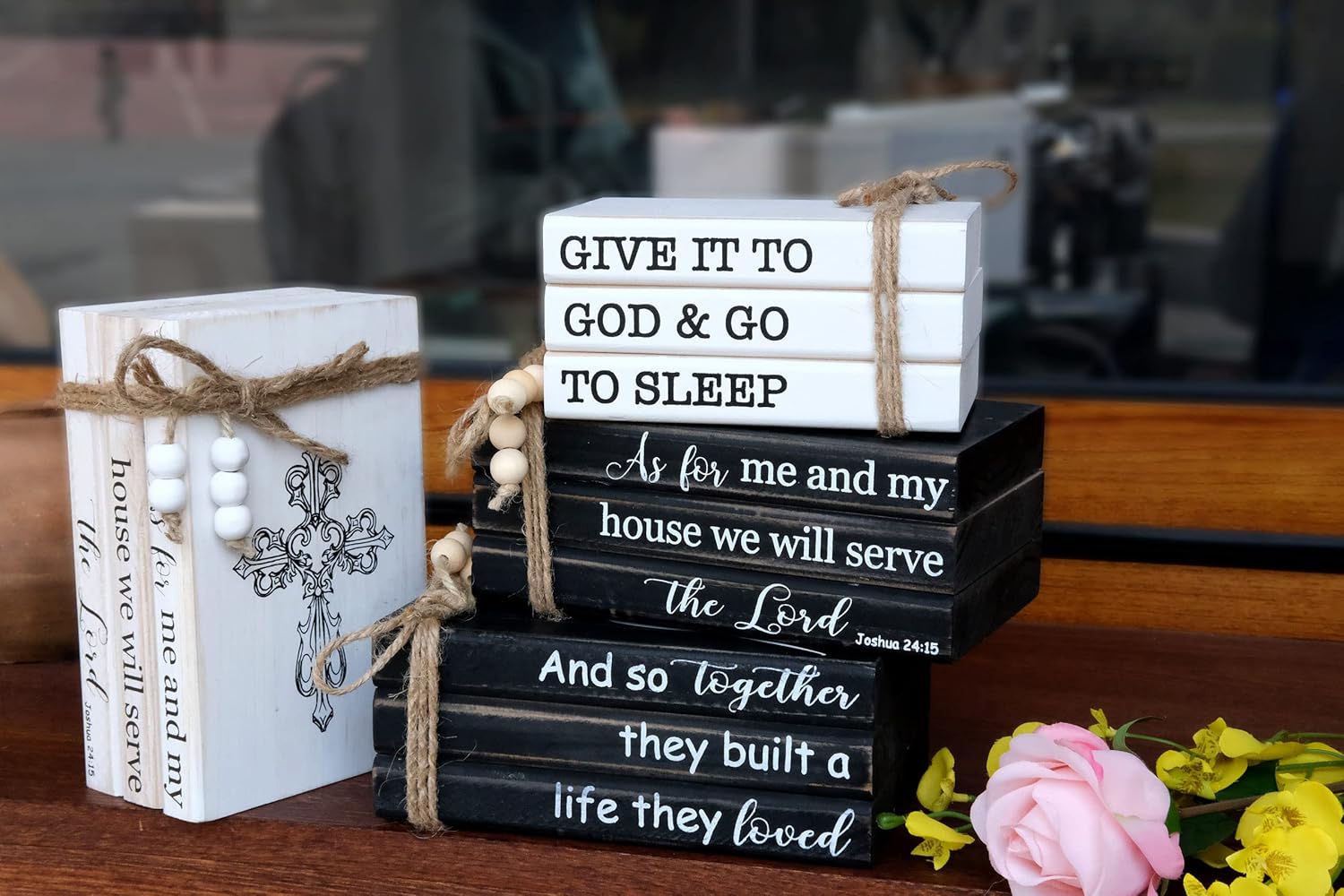 LIVDUCOT As for Me and My House We Will Serve the Lord Decor - Farmhouse Rustic Wood Decorative Books Stack for Home Coffee Table Living Room - Faux Books for Fireplace Mantle Bible Verses Decoration