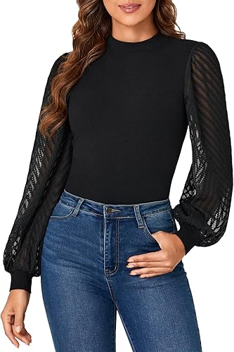 LYANER Women's Casual Mesh Sleeve Shirts Elegant Blouse Spring Tops Solid Black 