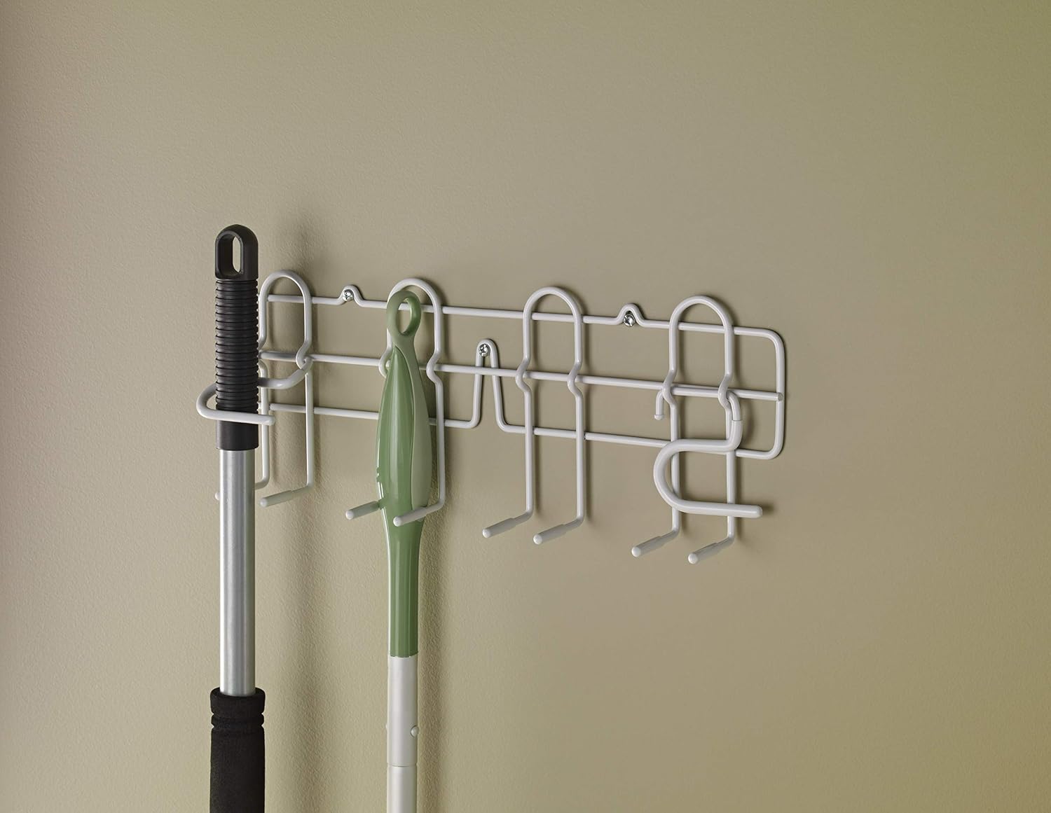 ClosetMaid 3462 Broom & Mop Holder for Wall or Door Mount, Durable White Metal Steel