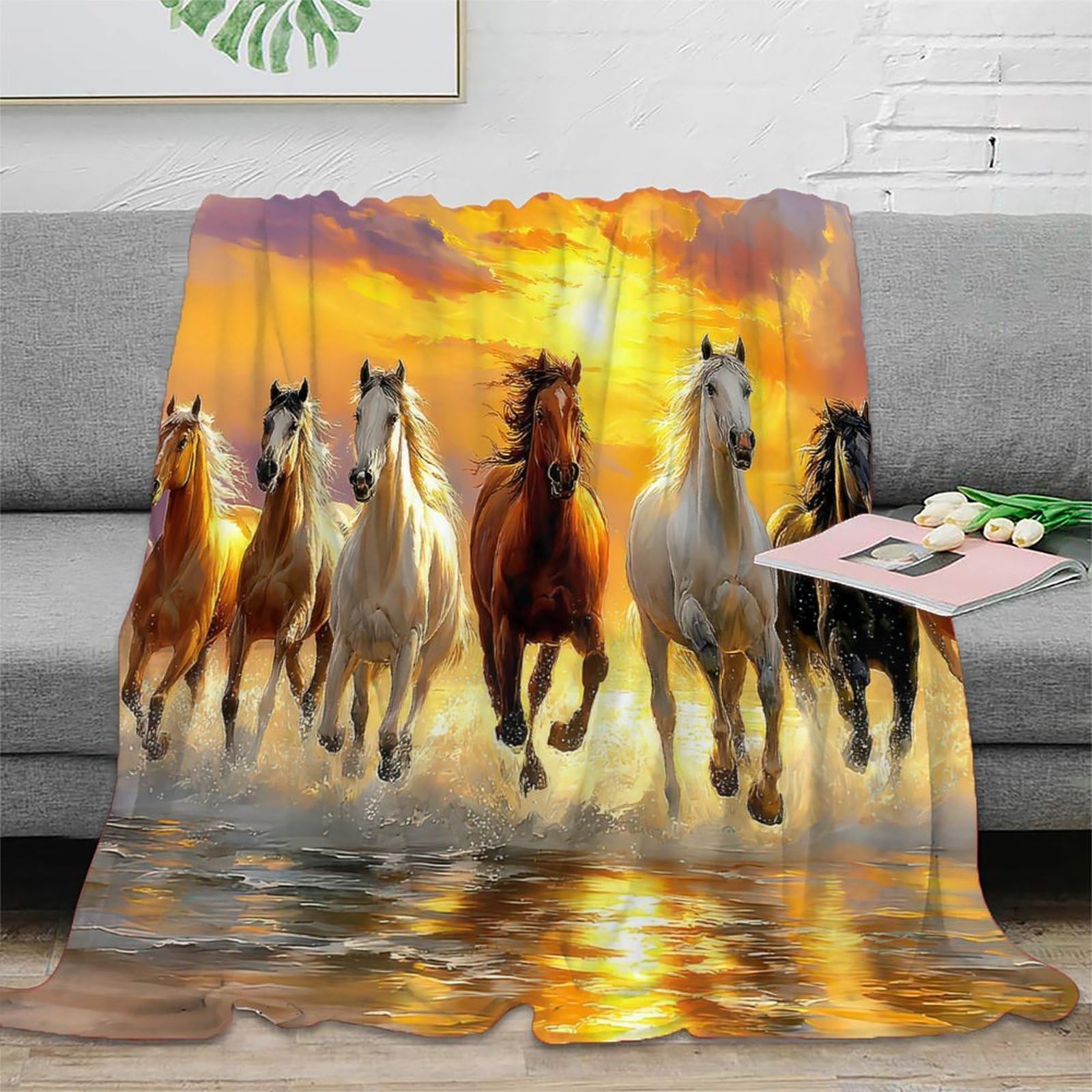Plaid de voyage Wild Horses running jeté de canapé literie 150x200